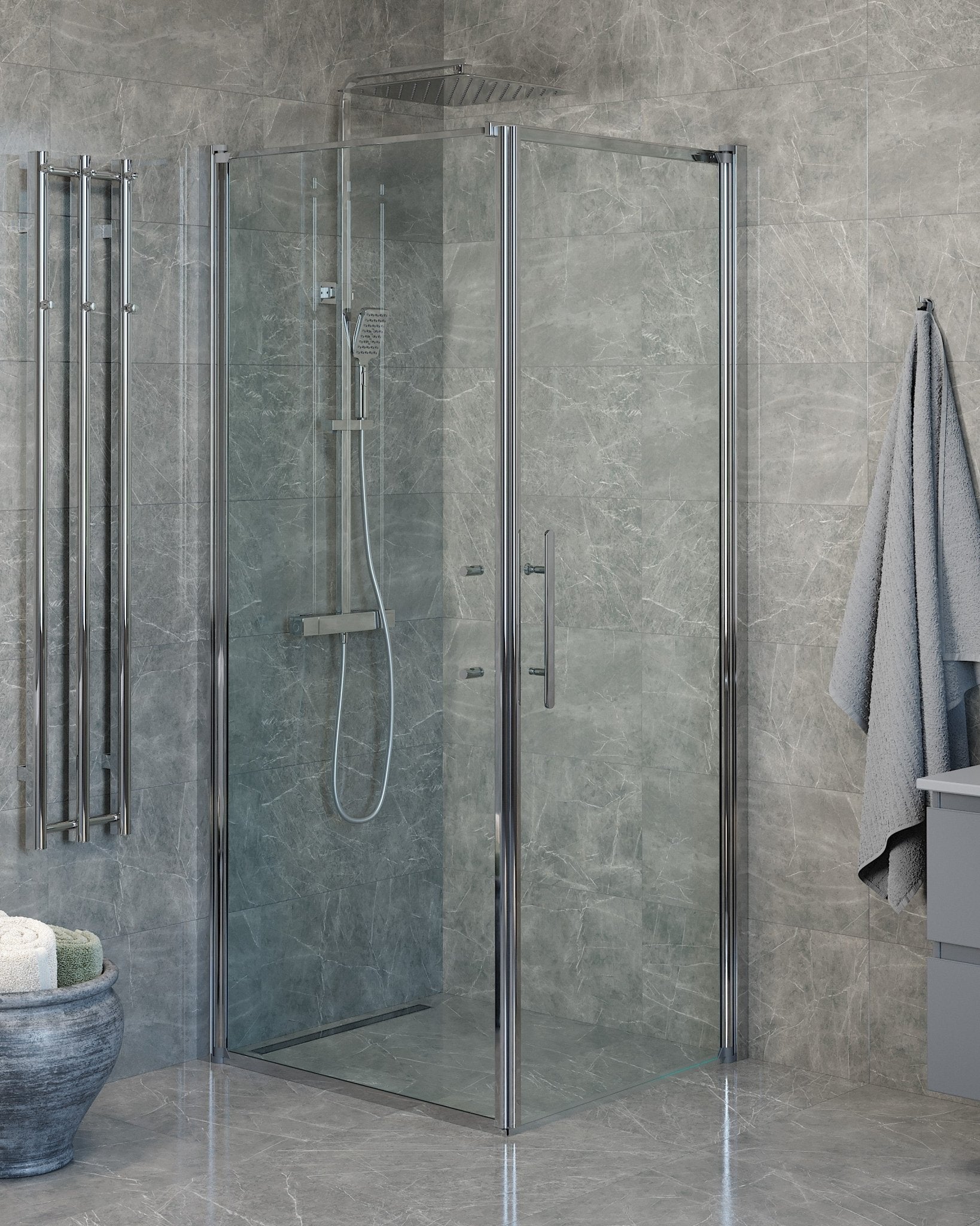 Vänern Duschhörn, Dörr + Vägg, Klarglas, Krom Profil - Duschhörna - BATH DELUXE - PRESTIGE - 40 - 908 - 01 - 50 - 00 - BATHDELUXE SWEDEN