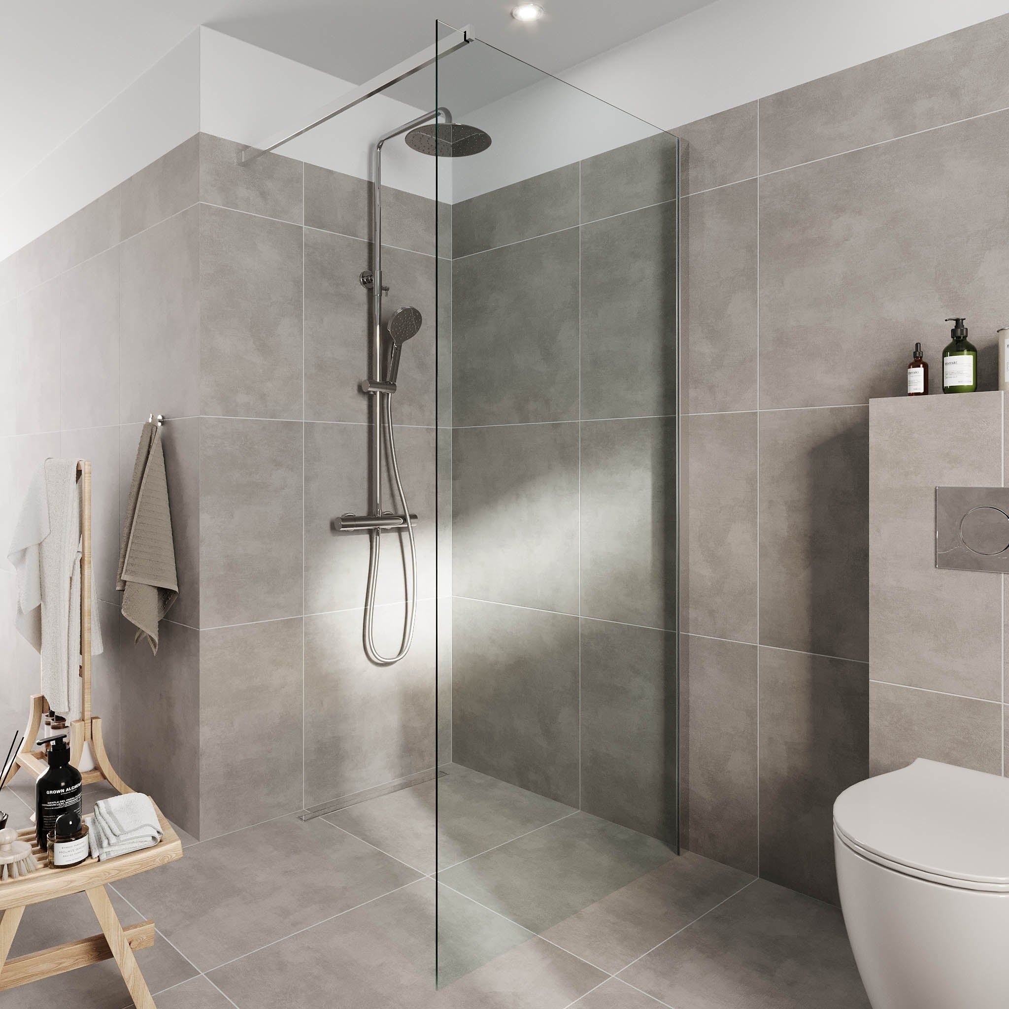 Fast duschvägg med stabiliseringsstag 80x195 cm - 5 mm klart nanoglas - kromprofil - Sandefjord - Duschväggar - BATH DELUXE - EXCLUSIVE - 42-080-07-60-00 - BATHDELUXE SWEDEN