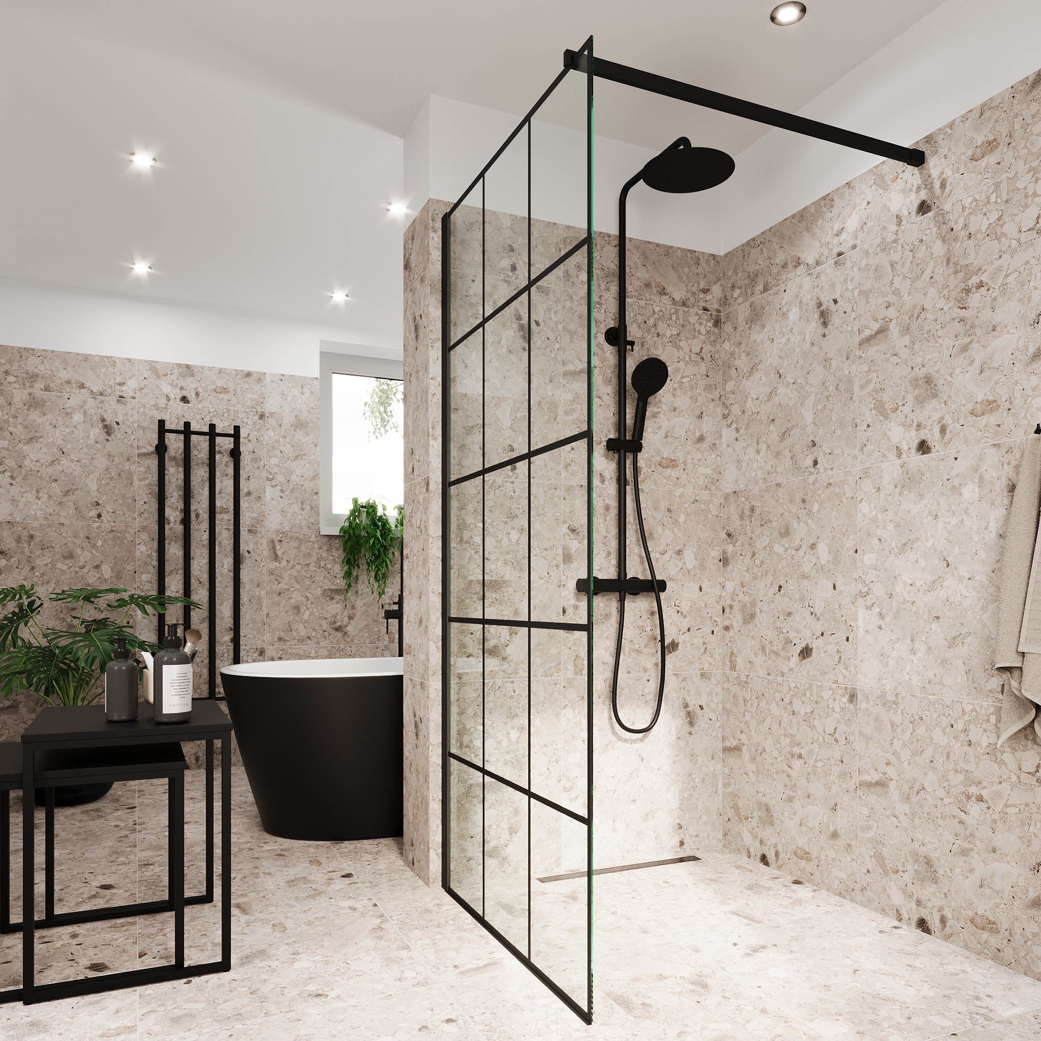 Sandefjord duschvägg, Svart profil, Klart glas med spröjs - Duschväggar - BATH DELUXE - EXCLUSIVE - 42 - 090 - 08 - 02 - 00 - BATHDELUXE SWEDEN