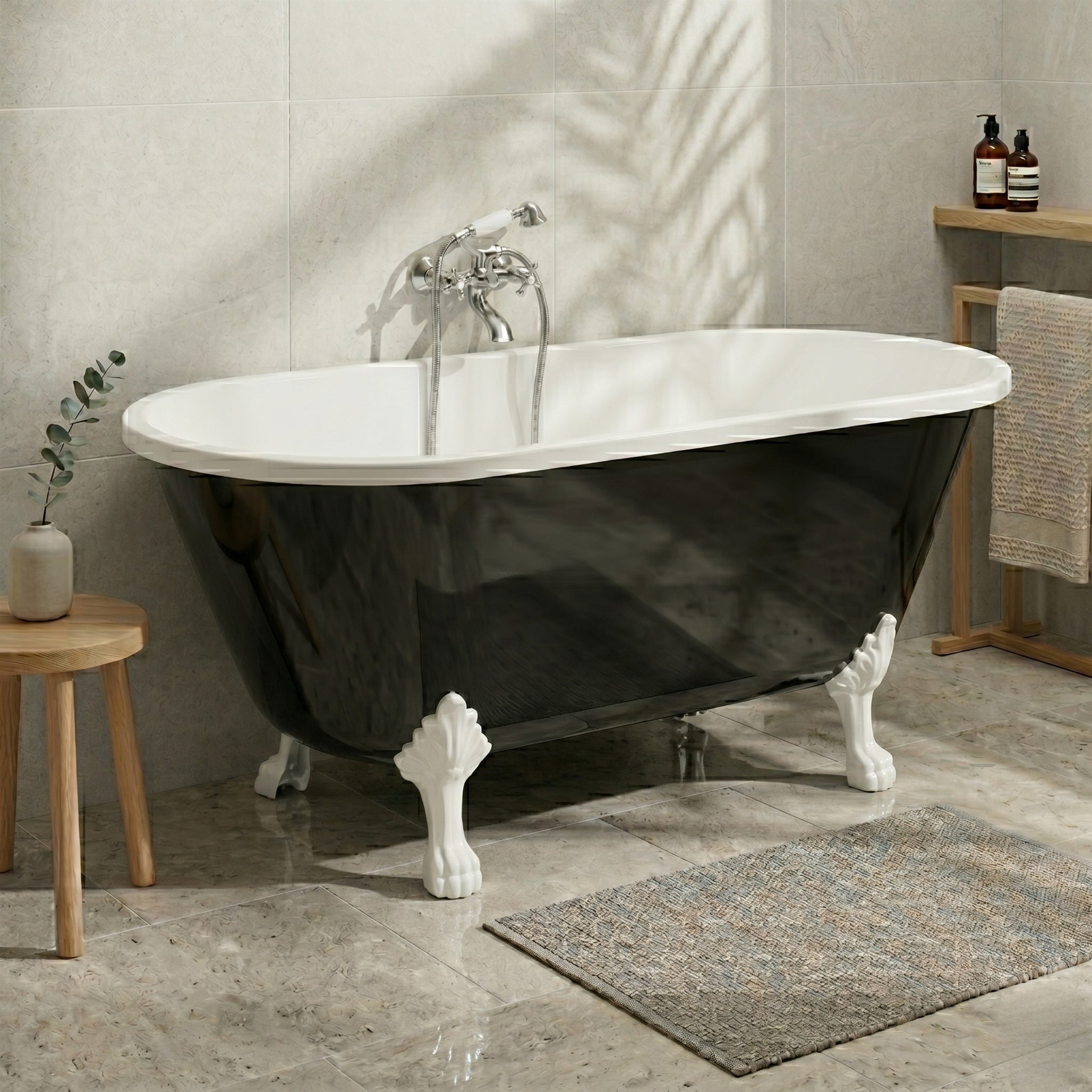 Fristående retro badkar 160 cm i svart akryl med vita lejontassar och avloppssats - Rønne - Fritstående badkar - Bath Deluxe - Rønne - 47-160-64-11-42 - BATHDELUXE SWEDEN