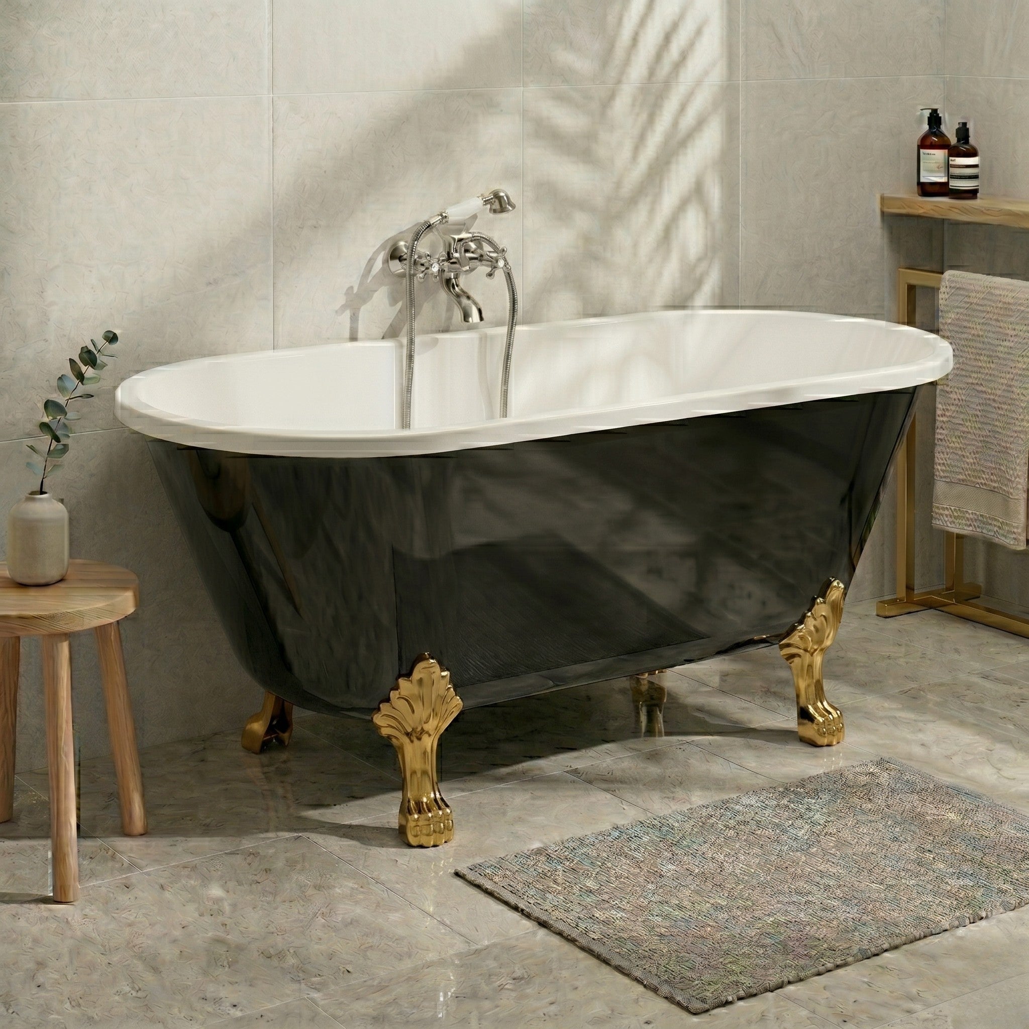 Fristående retro badkar 160 cm i svart akryl med glänsande lejontassar i mässing och avloppssats - Rønne - Fritstående badkar - Bath Deluxe - Rønne - 47-160-64-64-42 - BATHDELUXE SWEDEN