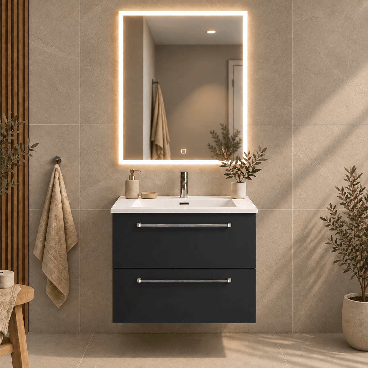Badrumsmöbel med klassiska Fronter - 60x46x57 cm - matt svart - solid surface-tvättställ - Viborg - Tvättställsskåp - Bath Deluxe - Viborg - 70-060-52-02-80 - BATHDELUXE SWEDEN