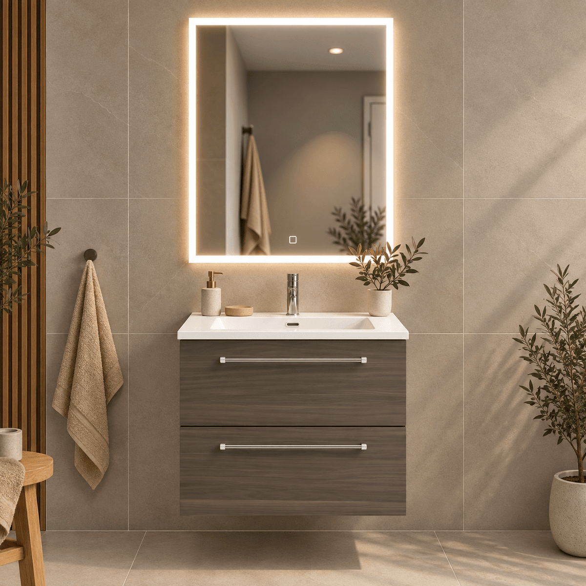 Badrumsmöbel med klassiska Fronter - 60x46x57 cm - valnöt - solid surface-tvättställ - Viborg - Tvättställsskåp - Bath Deluxe - Viborg - 70-060-52-84-80 - BATHDELUXE SWEDEN