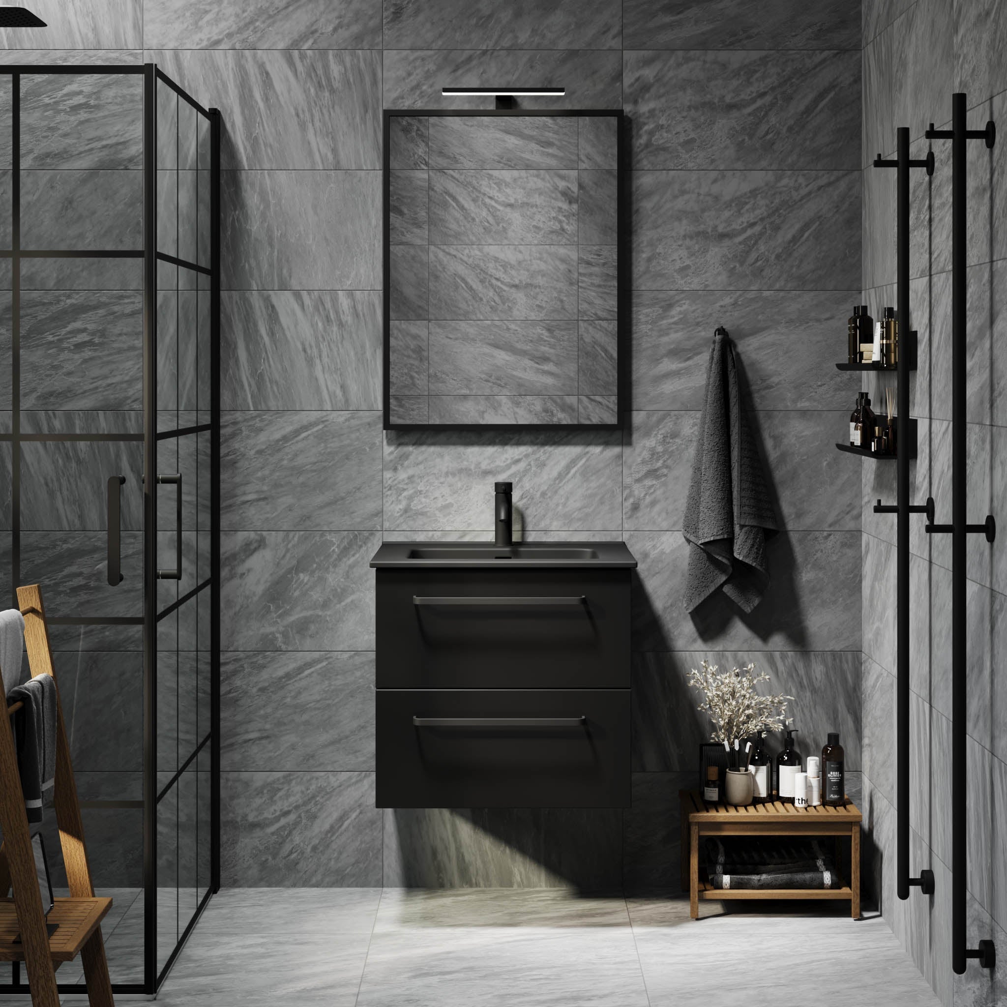 Badrumsmöbel med klassiska fronter - 60x46x57 cm - mattsvart - svart porslinstvättställ - svart handtag - Vegsund - Badrumsmöbler - BATH DELUXE - PRESTIGE - 70-060-56-02-60 - BATHDELUXE SWEDEN