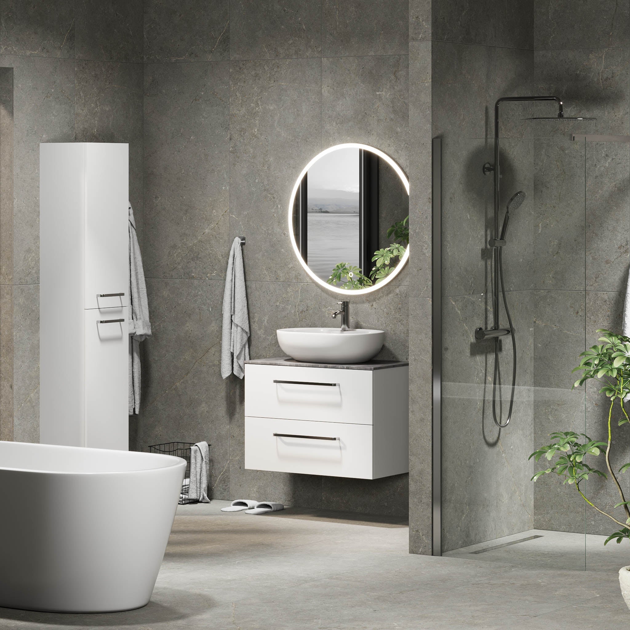 Badrumsmöbel med klassiska fronter – 80x46x56 cm – matt vit – melaminbänkskiva i betonglook – Vinderup - Tvättställsskåp - Bath Deluxe - 70-080-11-01-80 - BATHDELUXE SWEDEN