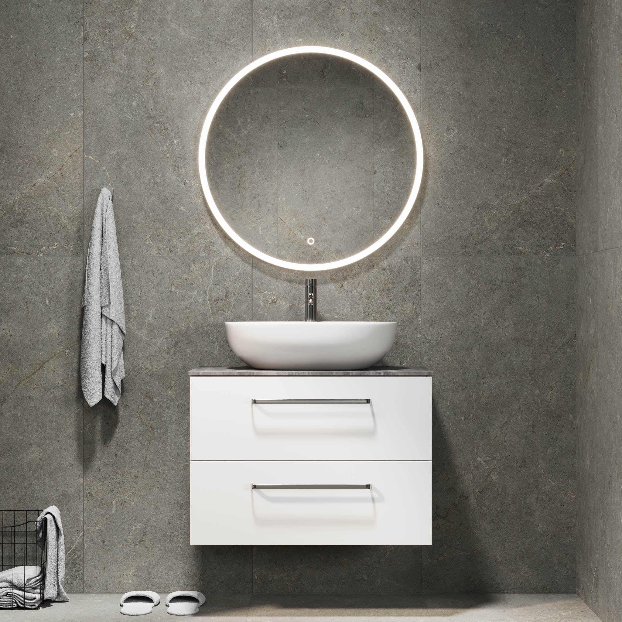 Badrumsmöbel med klassiska fronter – 80x46x56 cm – matt vit – melaminbänkskiva i betonglook – Vinderup - Tvättställsskåp - Bath Deluxe - 70-080-11-01-80 - BATHDELUXE SWEDEN