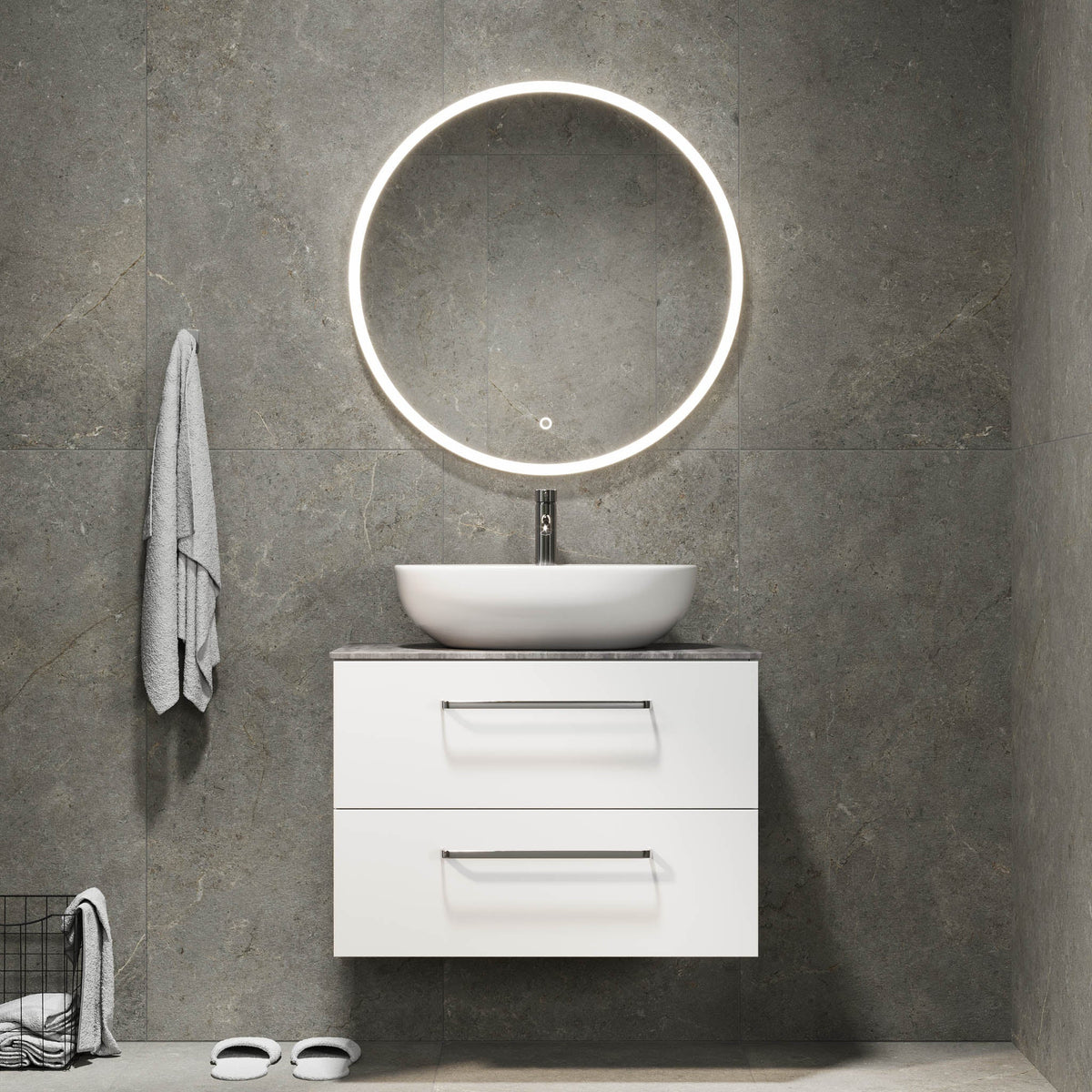 Badrumsmöbel med klassiska Fronter - 80x46x56 cm - Matt vit - melaminbänkskiva i betonglook - Vinderup - Tvättställsskåp - Bath Deluxe - Vinderup - 70-080-11-01-80 - BATHDELUXE SWEDEN