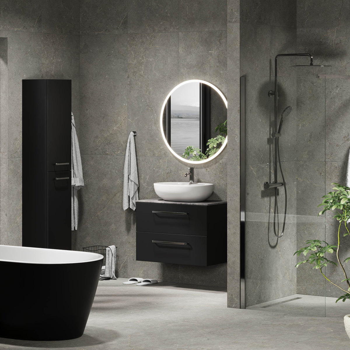 Badrumsmöbel med klassiska Fronter - 80x46x56 cm - Matt svart - bänkskiva i melamin med betonglook - Vinderup - Tvättställsskåp - Bath Deluxe - Vinderup - 70-080-11-02-80 - BATHDELUXE SWEDEN