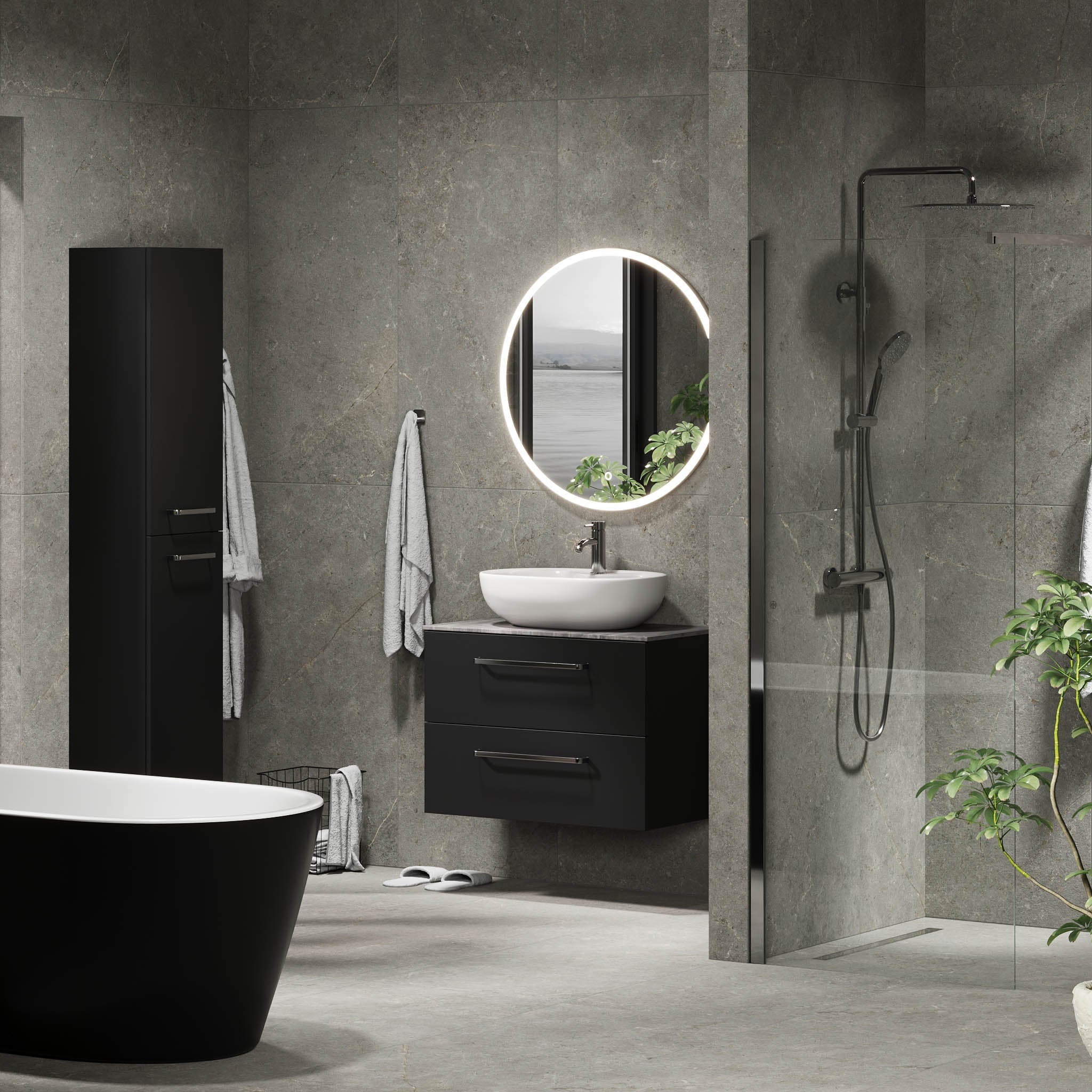 Badrumsmöbel med klassiska fronter – 80x46x56 cm – matt svart – melaminbänkskiva i betonglook – Vinderup - Tvättställsskåp - Bath Deluxe - 70-080-11-02-80 - BATHDELUXE SWEDEN