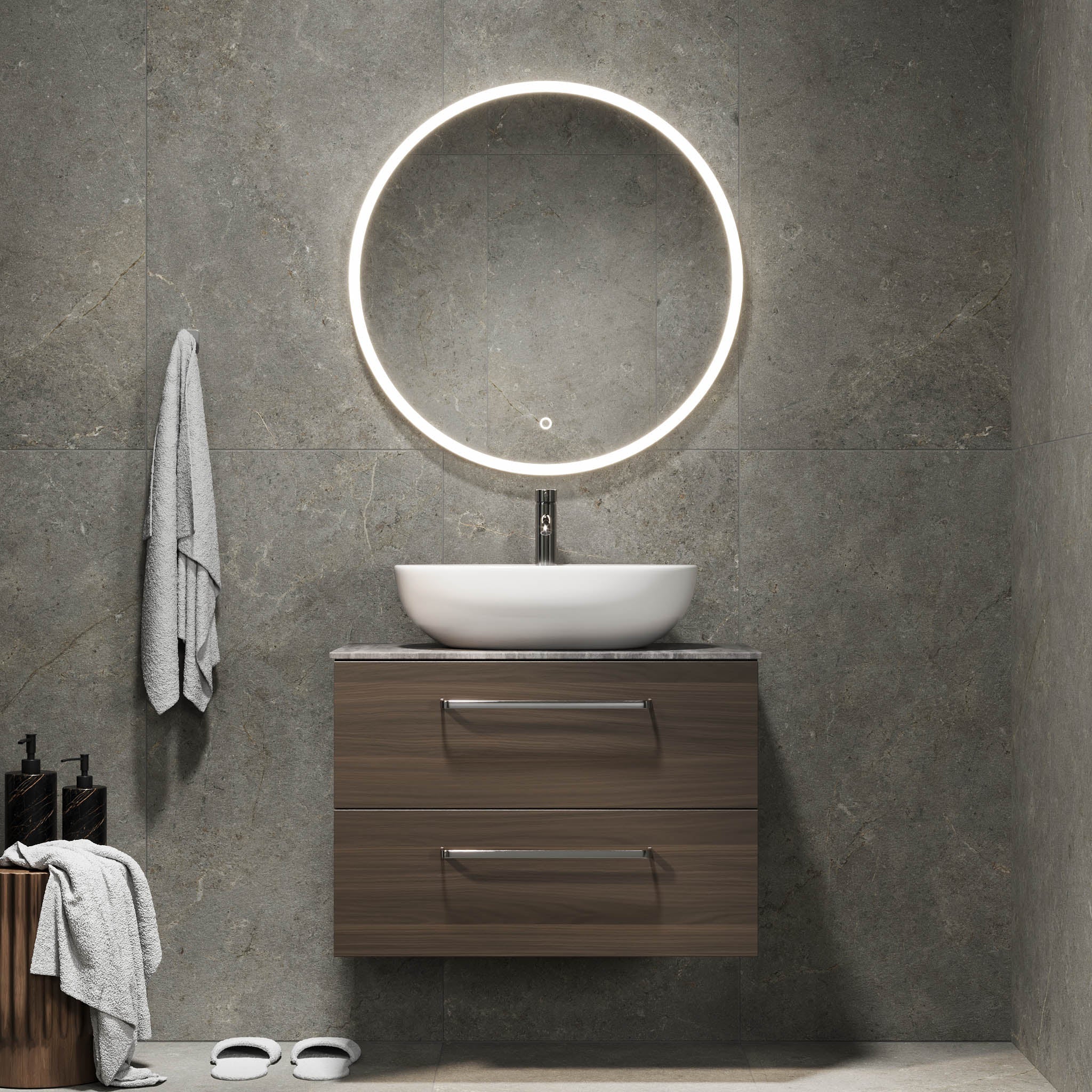 Badrumsmöbel med klassiska fronter – 80x46x56 cm – valnöt – melaminbänkskiva i betonglook – Vinderup - Tvättställsskåp - Bath Deluxe - 70-080-11-84-80 - BATHDELUXE SWEDEN