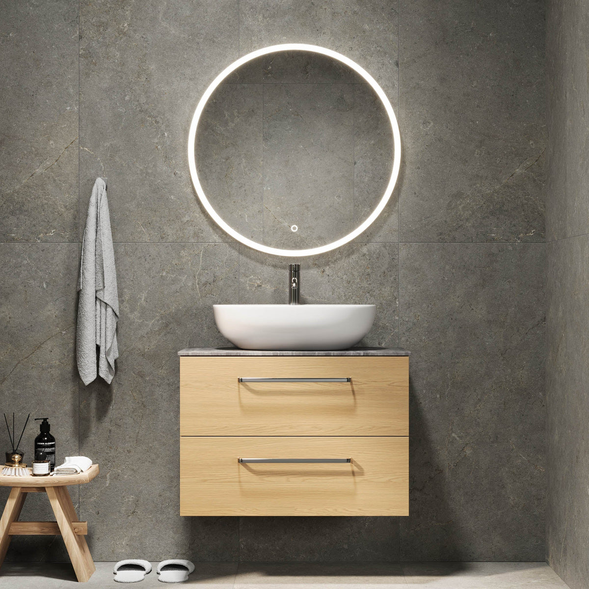 Badrumsmöbel med klassiska Fronter - 80x46x56 cm - ek - bänkskiva i melamin med betonglook - Vinderup - Tvättställsskåp - Bath Deluxe - Vinderup - 70-080-11-86-80 - BATHDELUXE SWEDEN