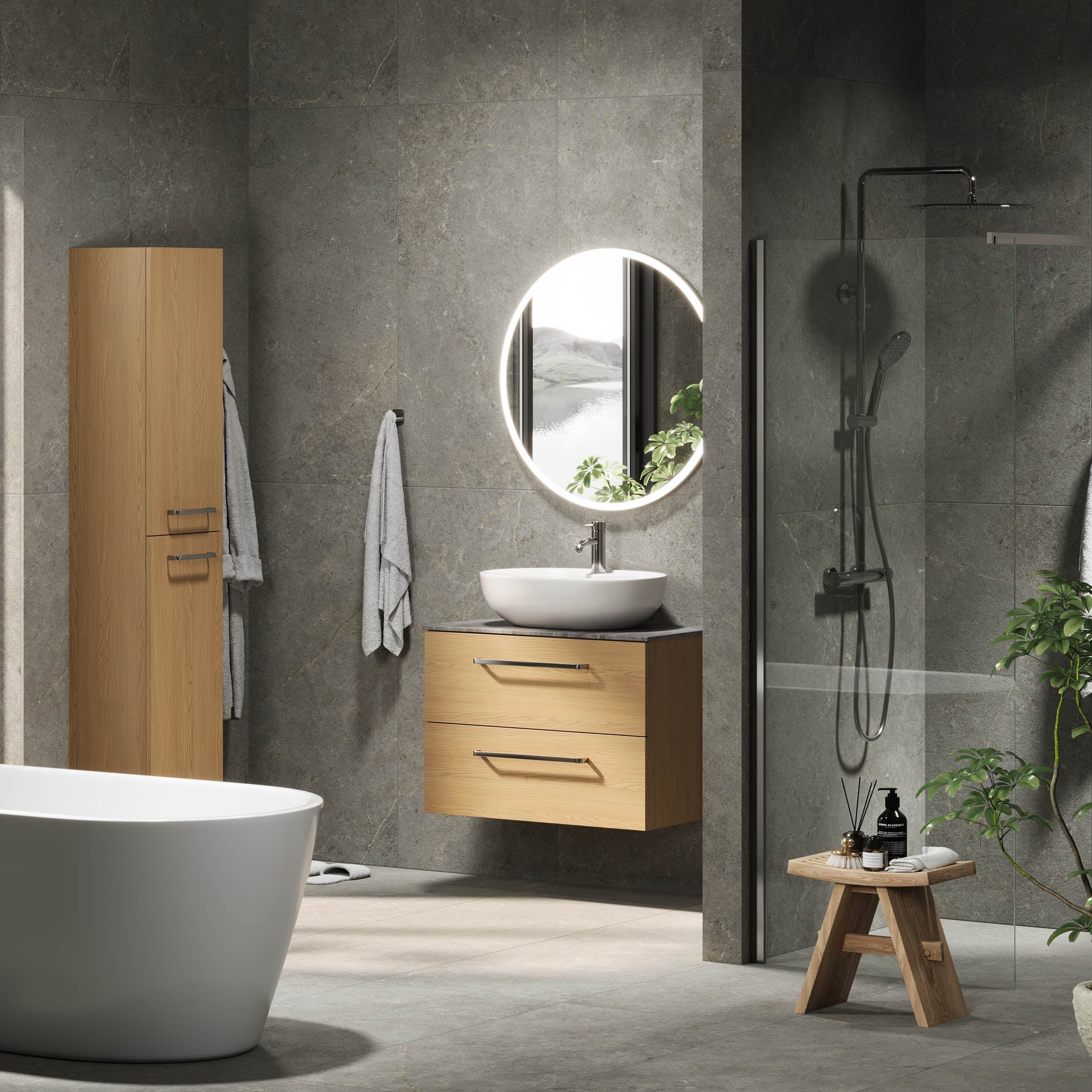 Badrumsmöbel med klassiska fronter – 80x46x56 cm – ek – melaminbänkskiva i betonglook – Vinderup - Tvättställsskåp - Bath Deluxe - 70-080-11-86-80 - BATHDELUXE SWEDEN