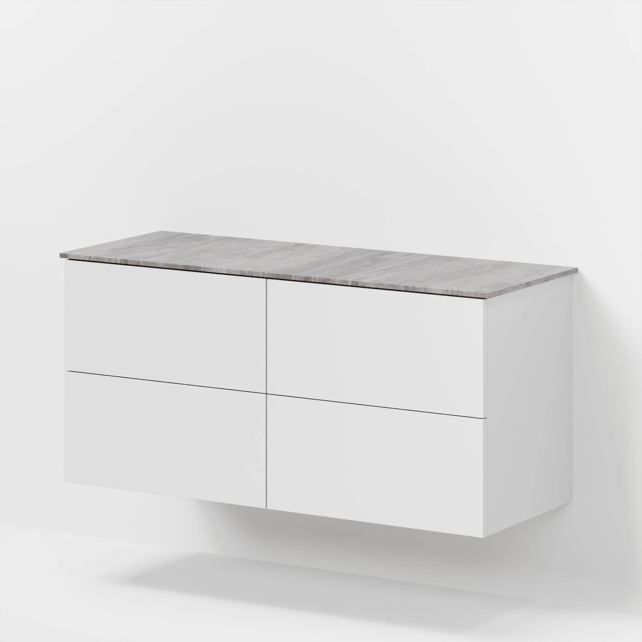 Badrumsmöbel med klassiska fronter – 120x46x56 cm – matt vit – melaminbänkskiva i betonglook för två handfat – Vinderup - Tvättställsskåp - Bath Deluxe - 70-120-11-01-81 - BATHDELUXE SWEDEN