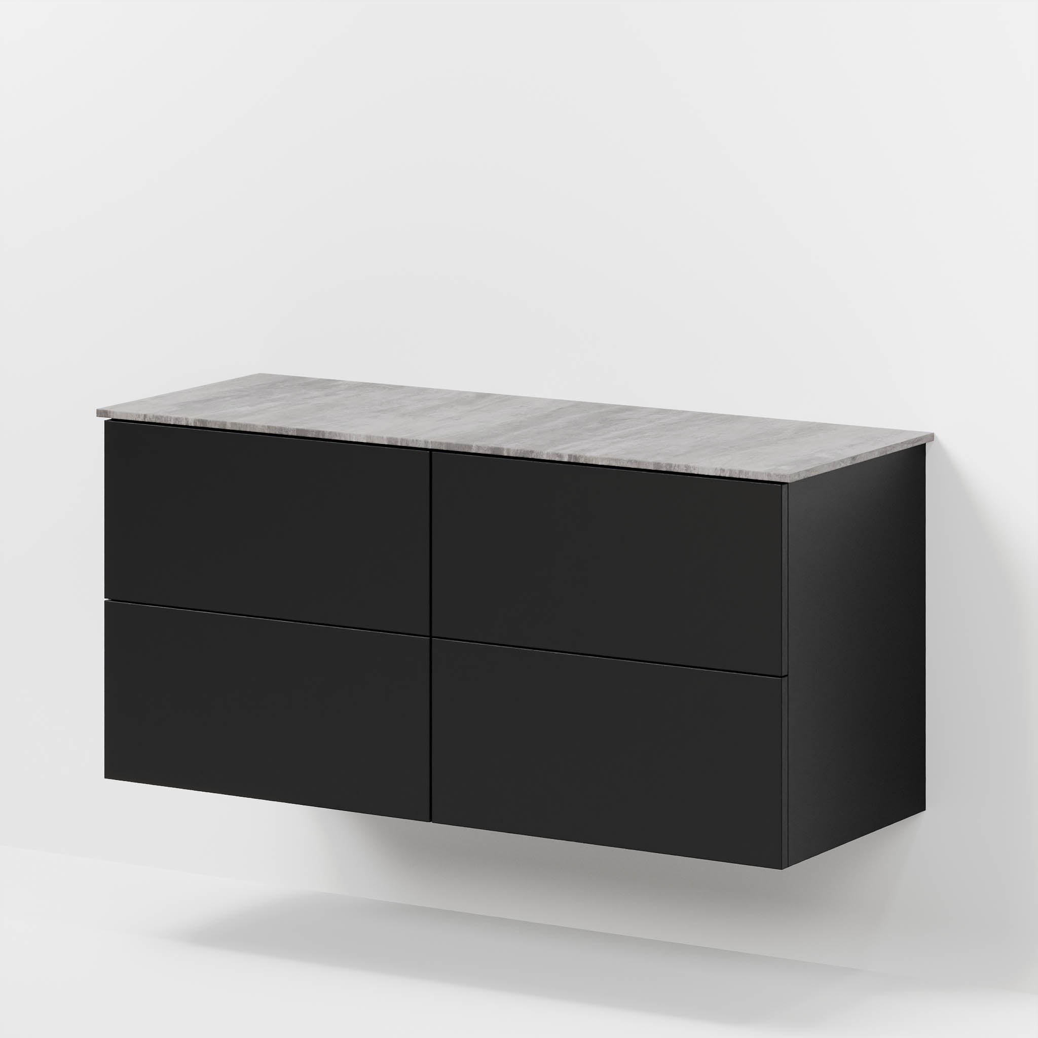Badrumsmöbel med klassiska fronter – 120x46x56 cm – matt svart – melaminbänkskiva i betonglook för två handfat – Vinderup - Tvättställsskåp - Bath Deluxe - 70-120-11-02-81 - BATHDELUXE SWEDEN