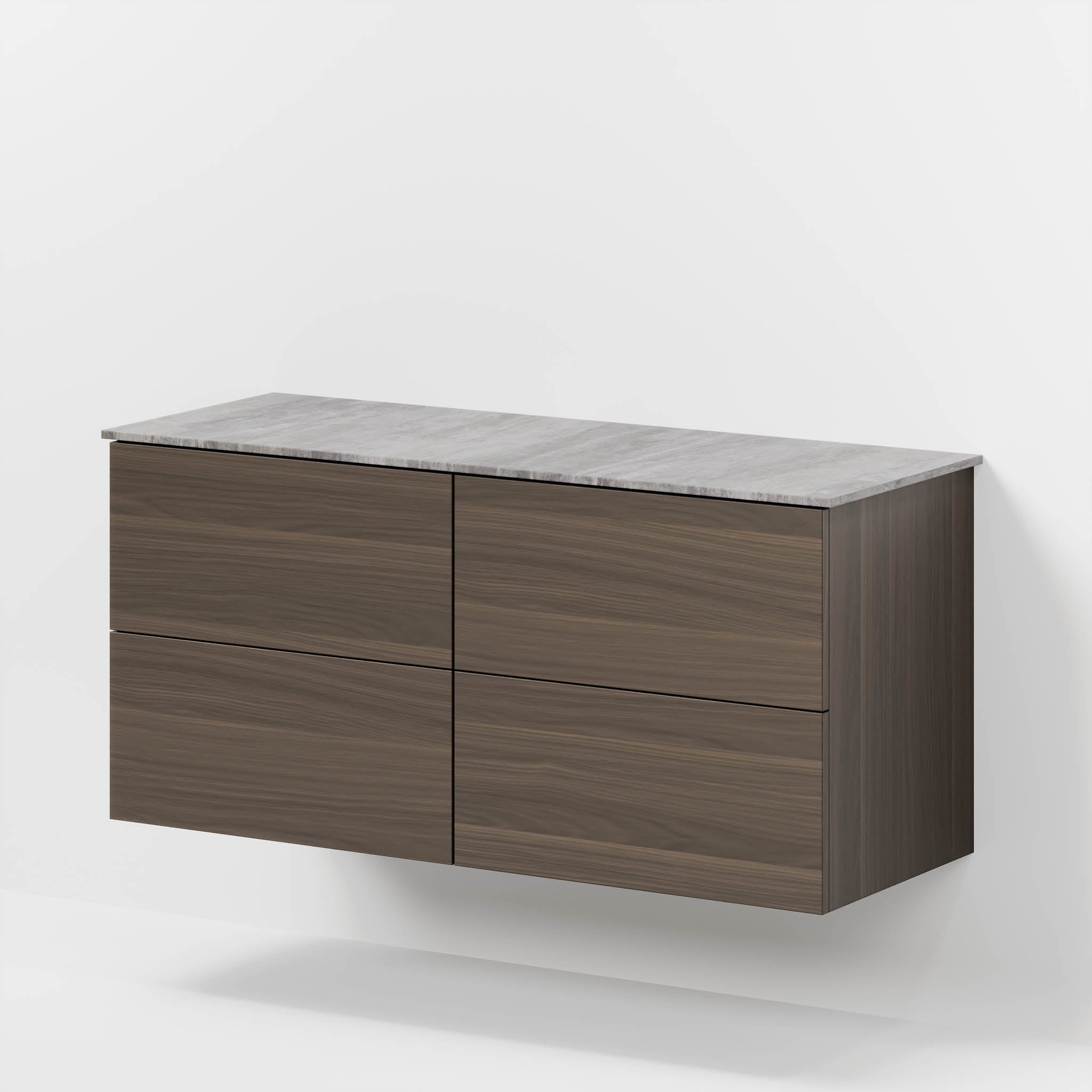 Badrumsmöbel med klassiska fronter – 120x46x56 cm – valnöt – melaminbänkskiva i betonglook för två handfat – Vinderup - Tvättställsskåp - Bath Deluxe - 70-120-11-84-81 - BATHDELUXE SWEDEN