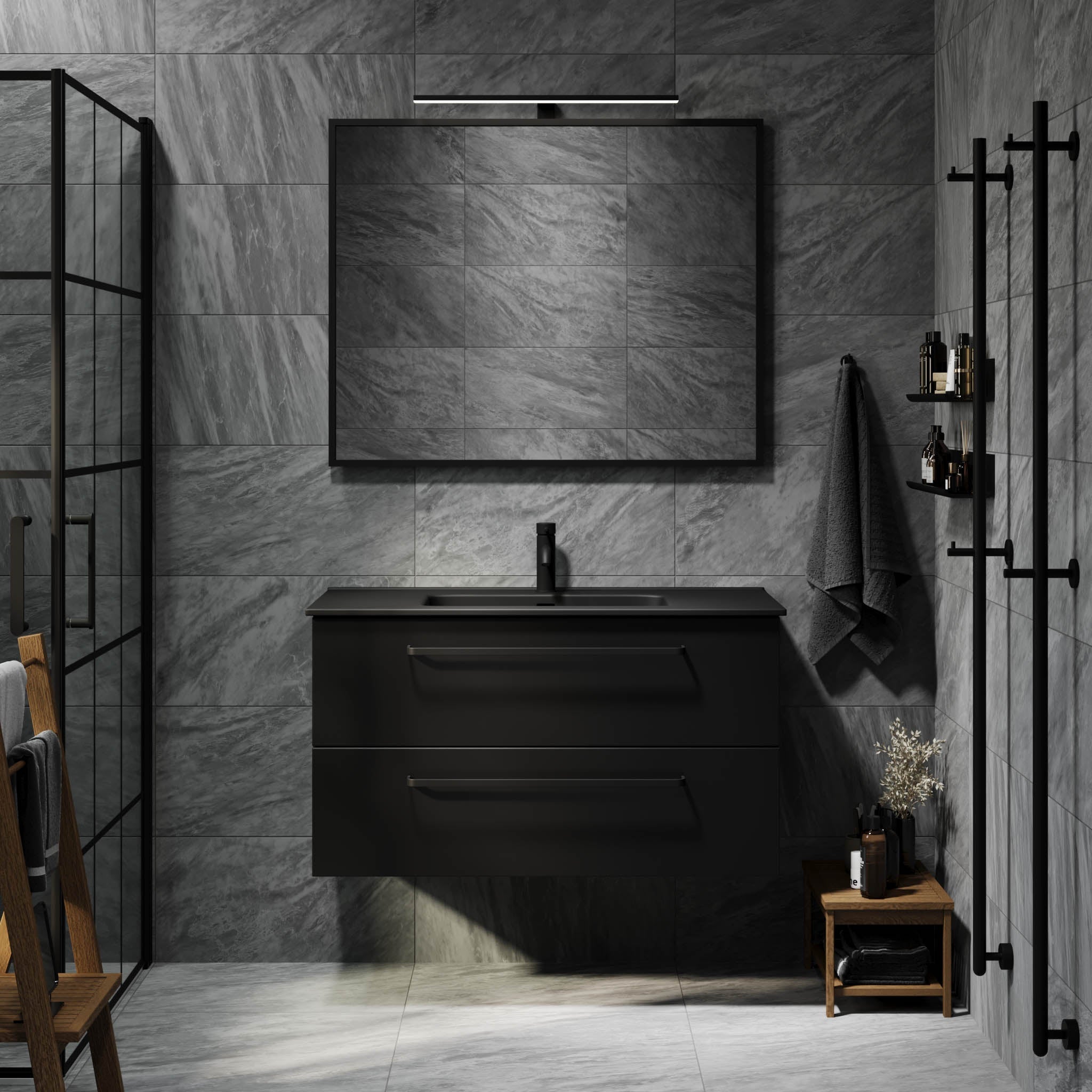 Badrumsmöbel med klassiska fronter - 120x46x57 cm - mattsvart - svart porslinstvättställ - svart handtag - Vegsund - Badrumsmöbler - BATH DELUXE - PRESTIGE - 70-120-56-02-60 - BATHDELUXE SWEDEN