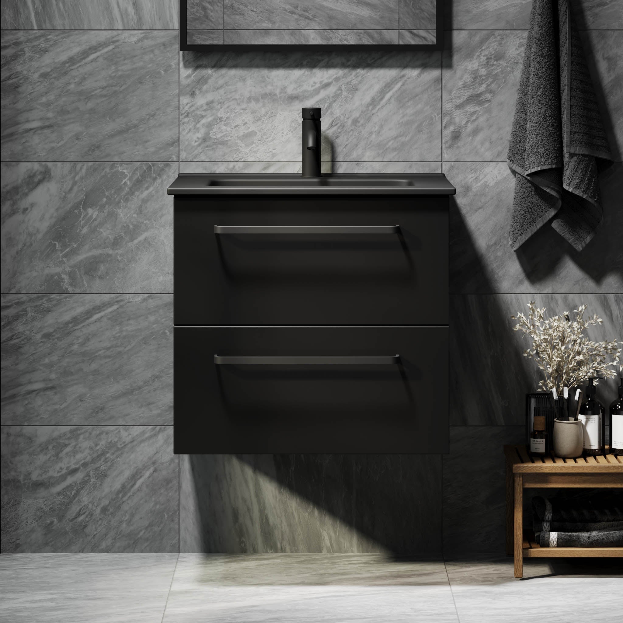 Badrumsmöbel med klassiska fronter - 120x46x57 cm - mattsvart - svart porslins dubbeltvättställ - svart handtag - Vegsund - Badrumsmöbler - BATH DELUXE - PRESTIGE - 70-120-56-02-62 - BATHDELUXE SWEDEN