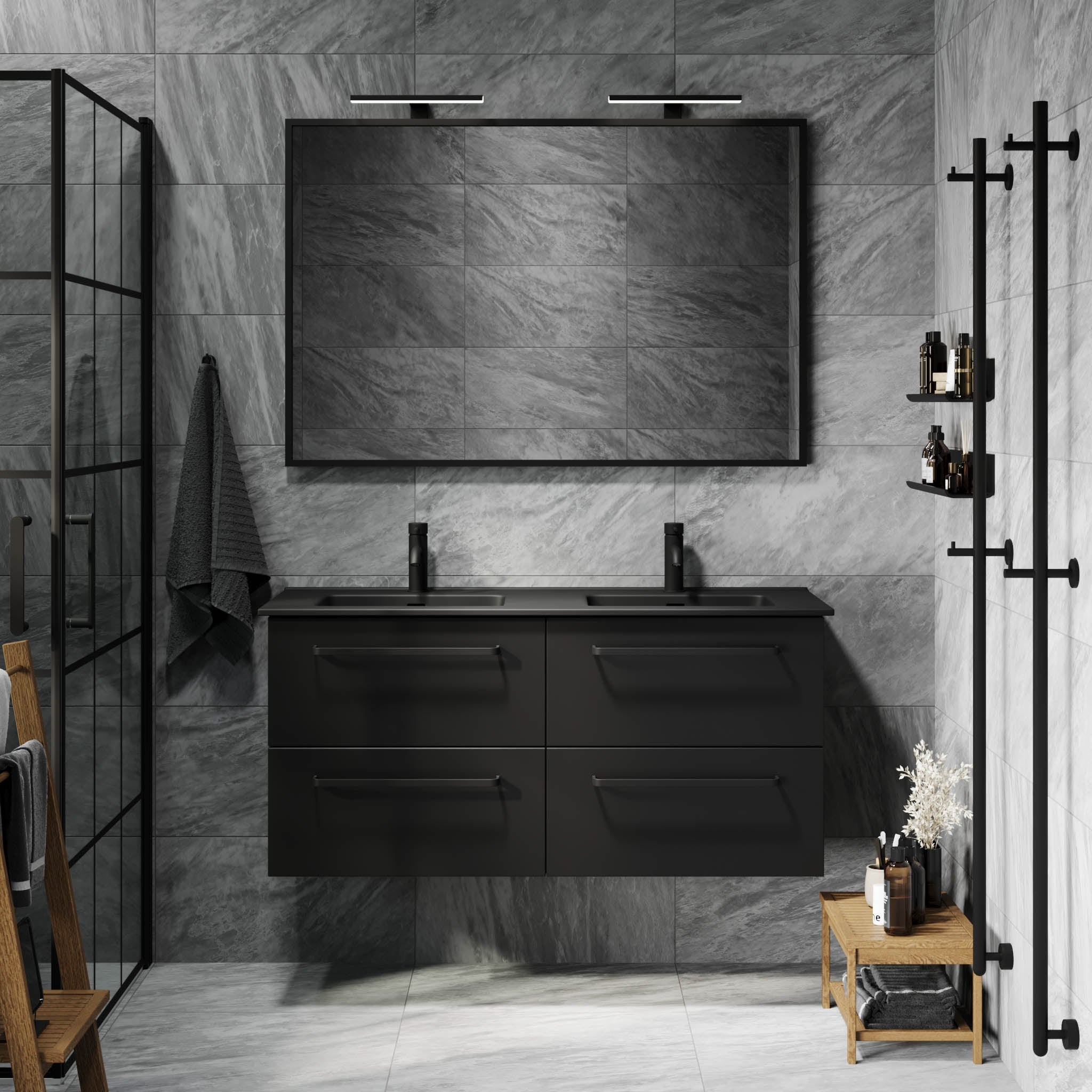 Badrumsmöbel med klassiska fronter - 120x46x57 cm - mattsvart - svart porslins dubbeltvättställ - svart handtag - Vegsund - Badrumsmöbler - BATH DELUXE - PRESTIGE - 70-120-56-02-62 - BATHDELUXE SWEDEN