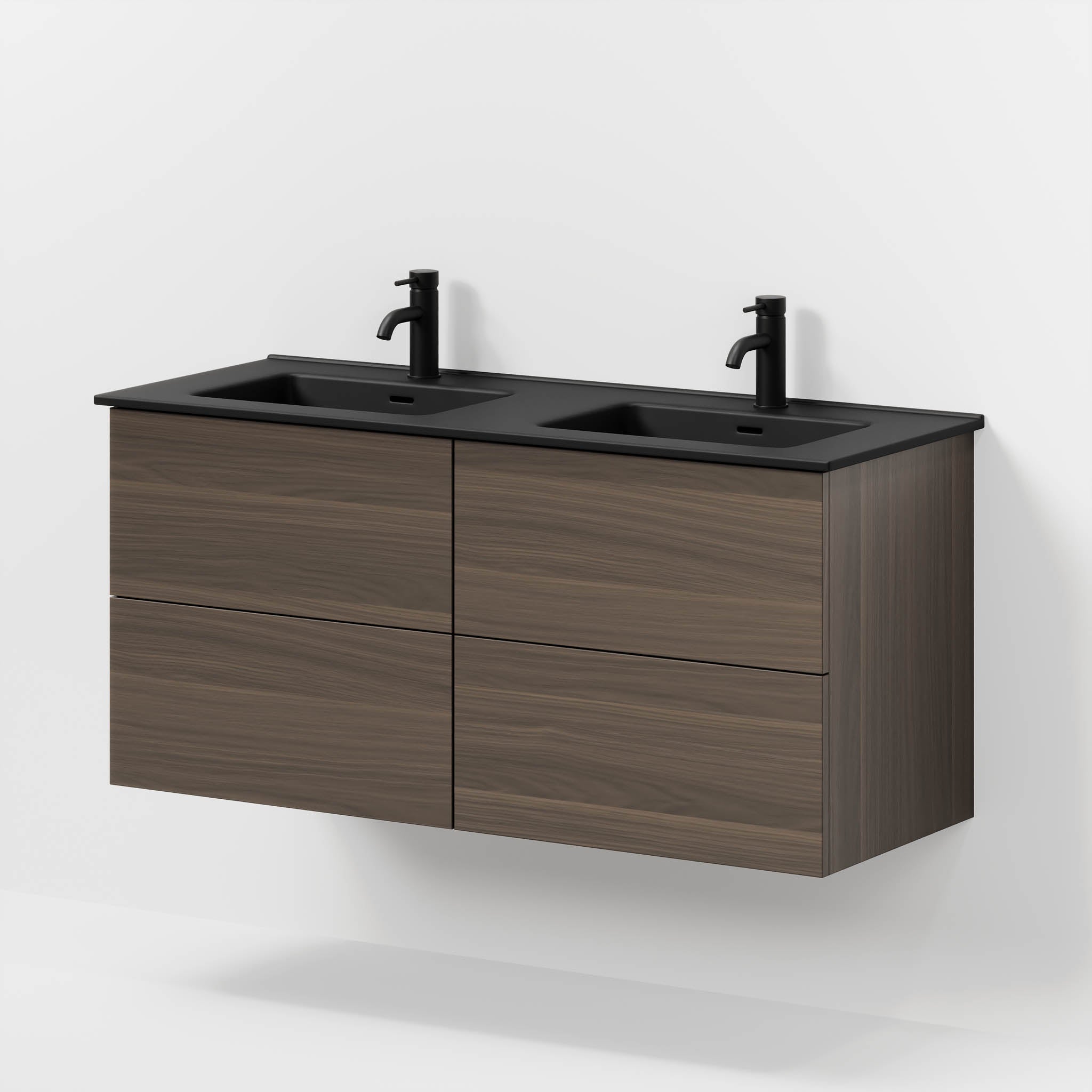 Badrumsmöbel med klassiska fronter - 120x46x57 cm - valnöt - dubbelt vitt porslinstvättställ - Vadum - Tvättställsskåp - Bath Deluxe - 70-120-56-84-81 - BATHDELUXE SWEDEN