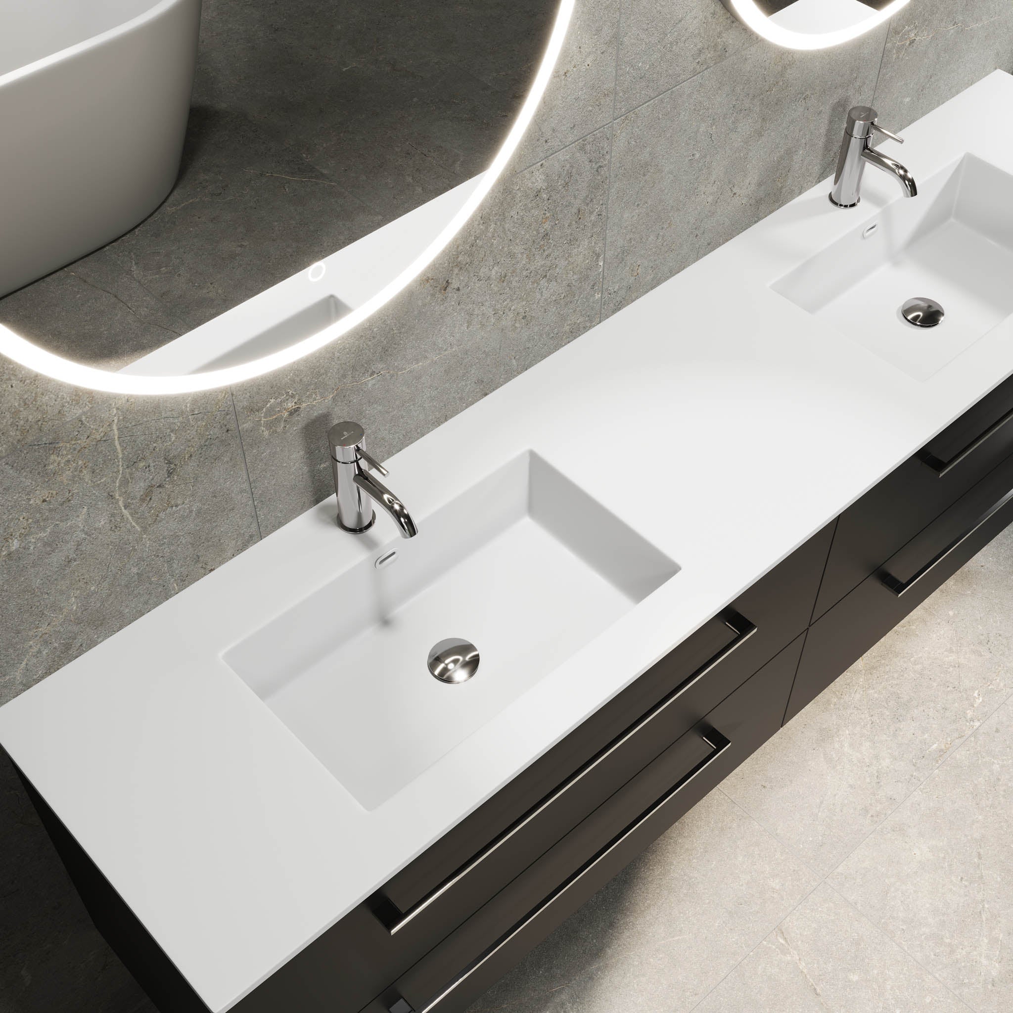 Badrumsmöbel med klassiska fronter - 200x46x57 cm - mattsvart - dubbelt tvättställ i solid surface - Viborg - Tvättställsskåp - Bath Deluxe - 70-200-52-02-80 - BATHDELUXE SWEDEN