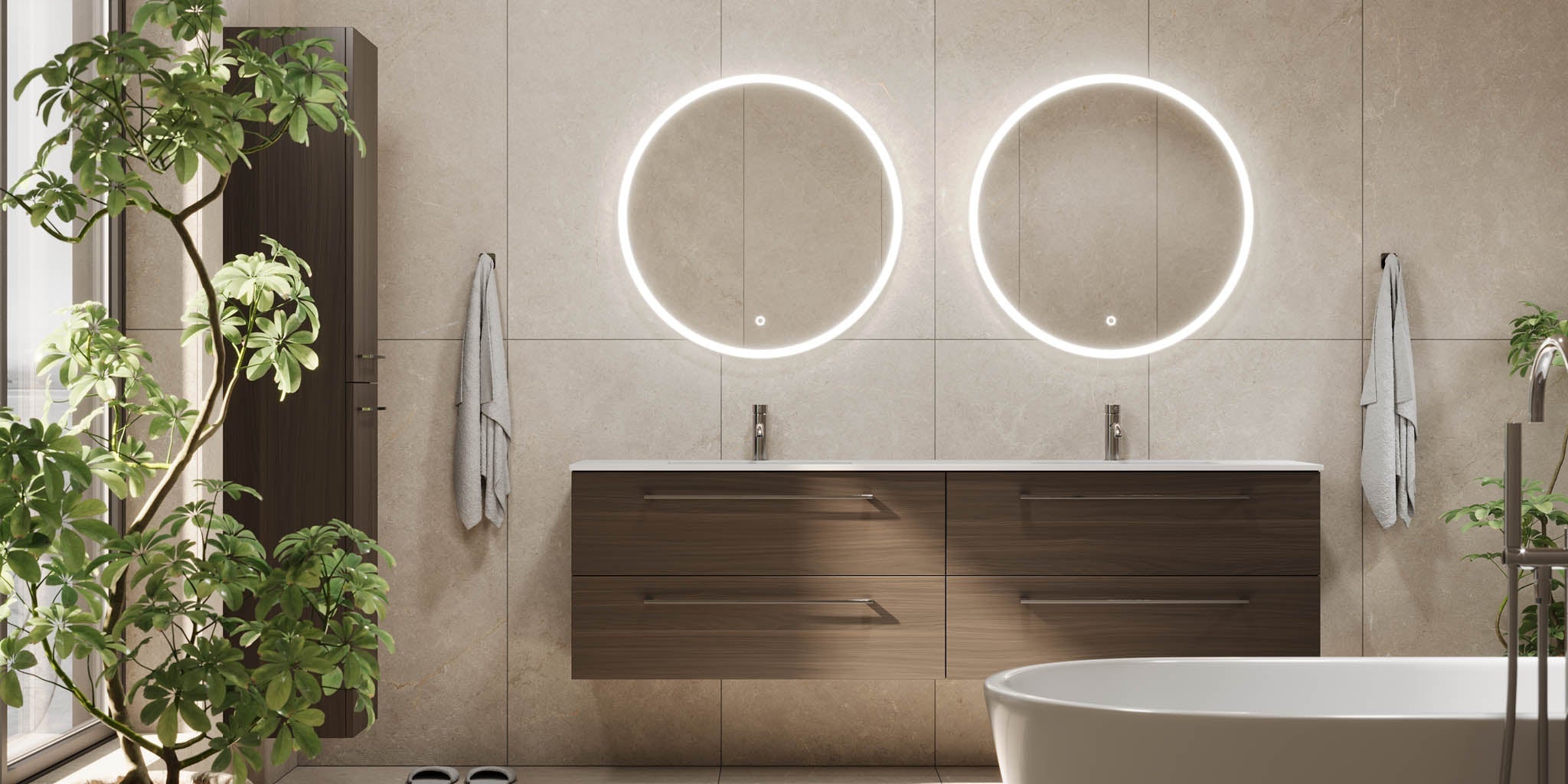 Badrumsmöbel med klassiska fronter - 200x46x57 cm - valnöt - dubbelt tvättställ i solid surface - Viborg - Tvättställsskåp - Bath Deluxe - 70-200-52-84-80 - BATHDELUXE SWEDEN