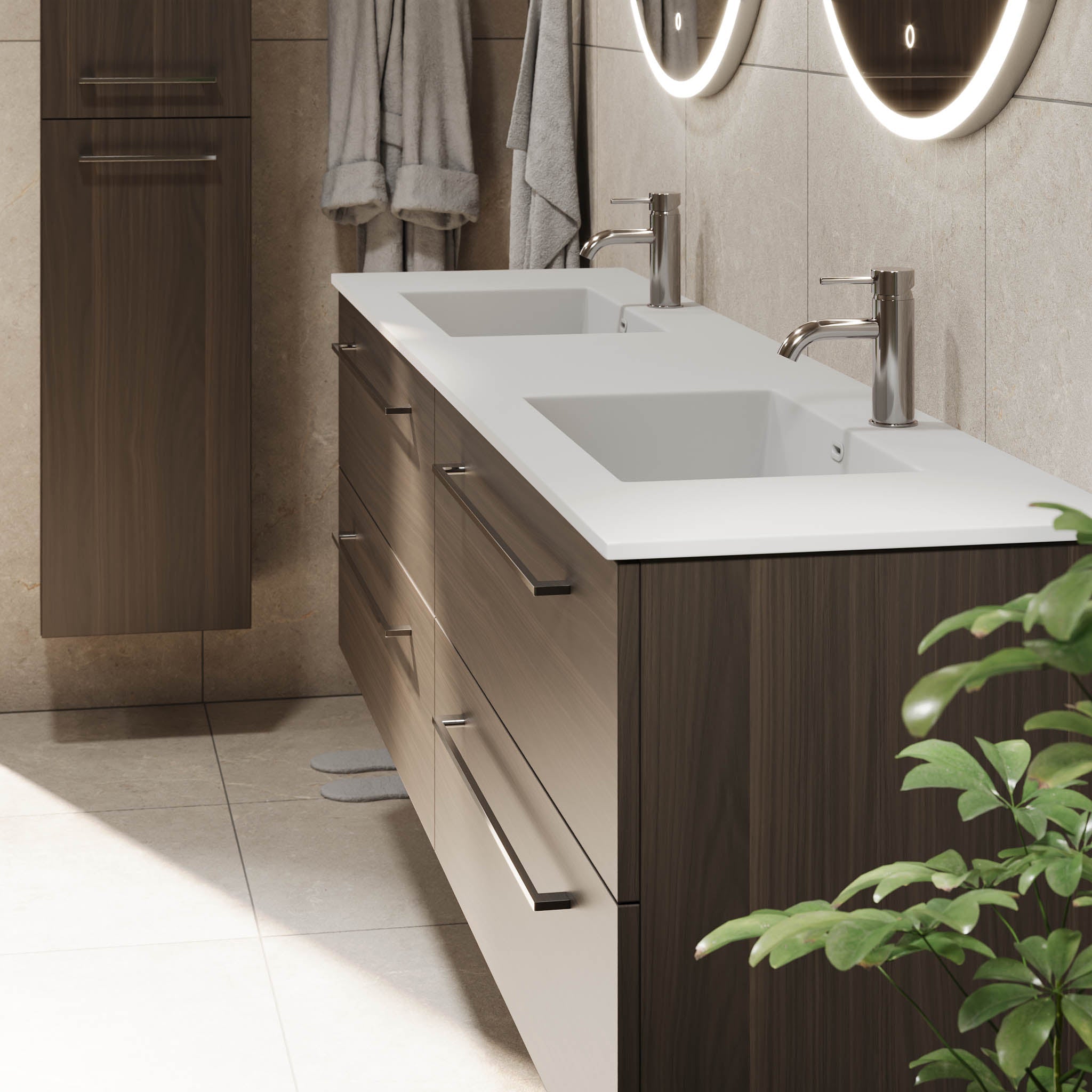 Badrumsmöbel med klassiska fronter - 200x46x57 cm - valnöt - dubbelt tvättställ i solid surface - Viborg - Tvättställsskåp - Bath Deluxe - 70-200-52-84-80 - BATHDELUXE SWEDEN
