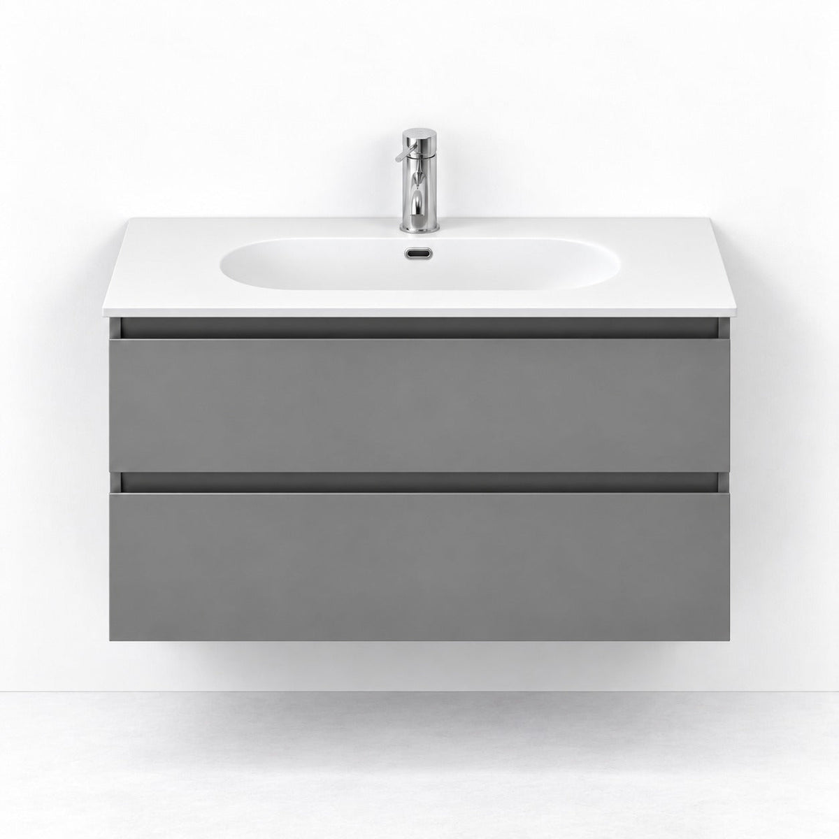 Badrumsmöbel med modern integrerad front - 100x46x42 cm - matt vit - matt vit fristående tvättställ i rostfritt stål - Bänkskiva i matt svart kvartssten - Kvinlog - Tvättställsskåp - Bath Deluxe - 73-080-72-03-30 - BATHDELUXE SWEDEN