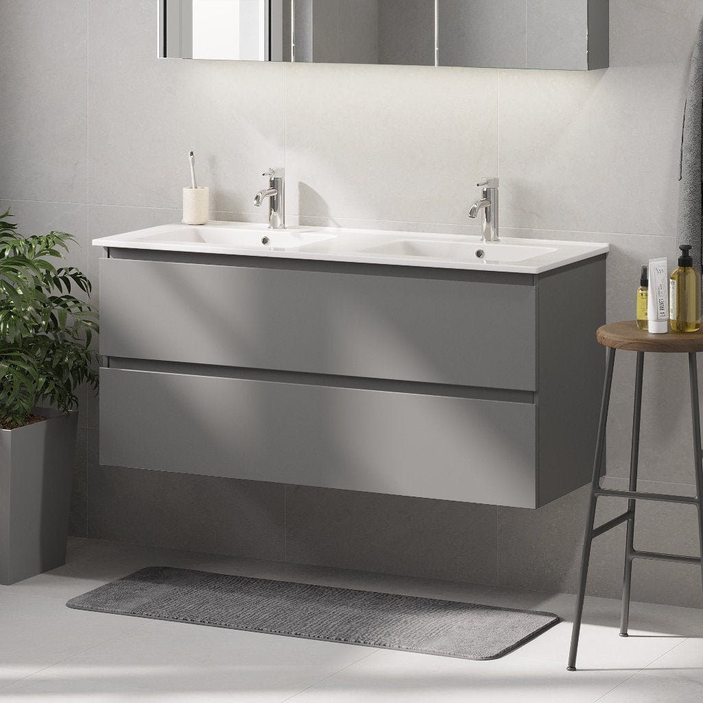 Badrumsmöbel med klassisk integrerad front - 120x46x57 cm - Matt grå - Porslin tvättställ - Saltnes - Tvättställsskåp - Bath Deluxe - 73-120-50-03-42 - BATHDELUXE SWEDEN