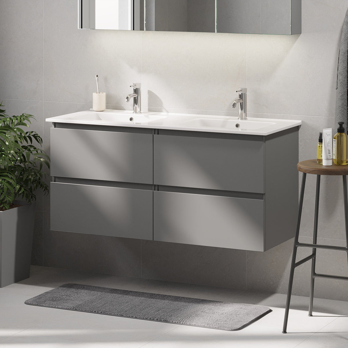 Badrumsmöbel med klassisk integrerad front - 120x46x57 cm - Matt grå - Porslin tvättställ - Saltnes - Tvättställsskåp - Bath Deluxe - 73-120-50-03-42 - BATHDELUXE SWEDEN