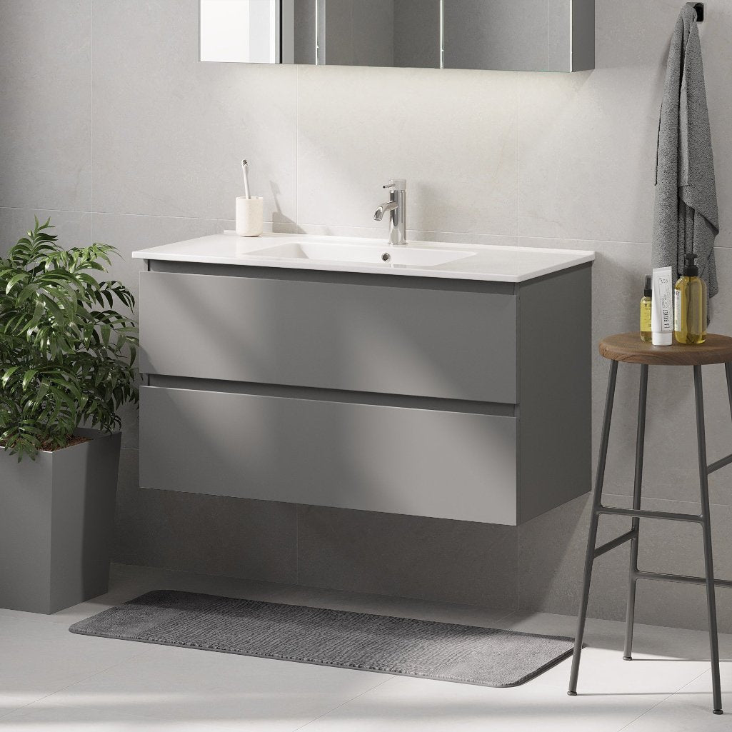 Badrumsmöbel med klassisk integrerad front - 120x46x57 cm - Matt grå - Porslin tvättställ - Saltnes - Tvättställsskåp - Bath Deluxe - 73-120-50-03-42 - BATHDELUXE SWEDEN