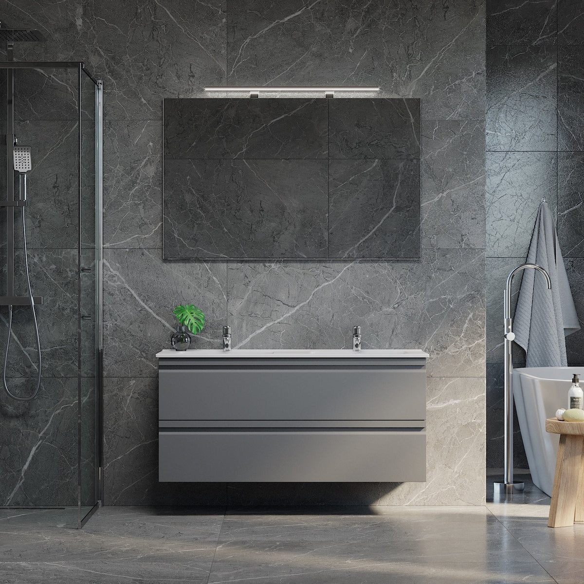 Badrumskommod med modern integrerad front - 60x46x57 cm - Matt grå - Porslin tvättställ - Klokkarvik - Tvättställsskåp - Bath Deluxe - 74-060-01-03-00 - BATHDELUXE SWEDEN