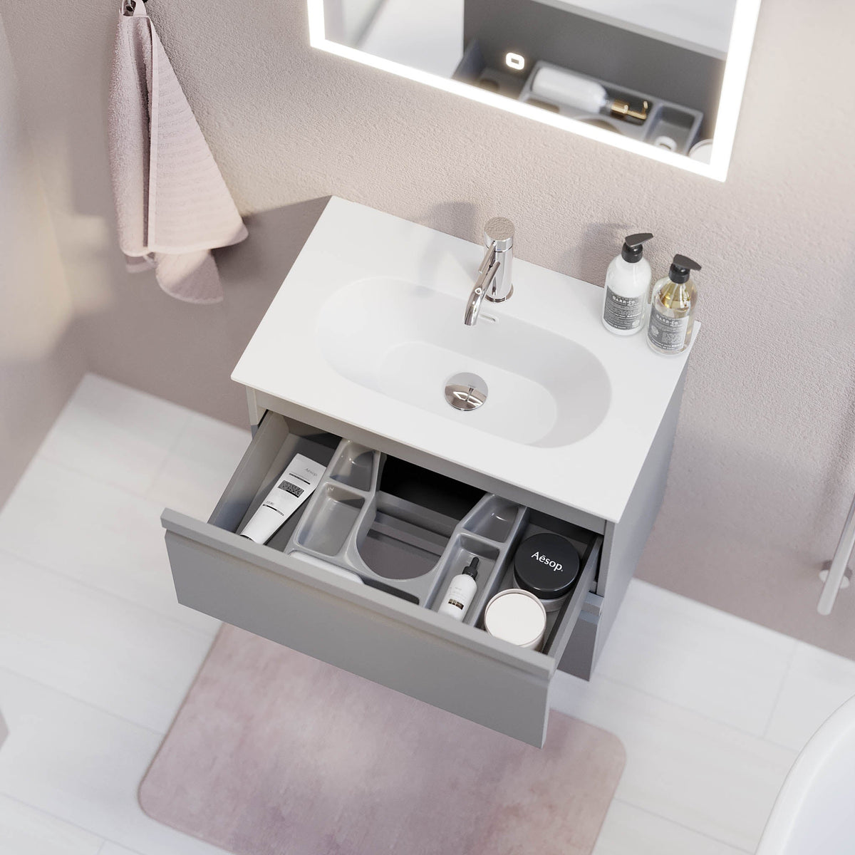 Badrumskommod med modern integrerad front - SLIM - 60x36x57 cm - Matt grå - Svart Solid Surface tvättställ - Kongsberg - Tvättställsskåp - Bath Deluxe - 74-060-72-03-30 - BATHDELUXE SWEDEN