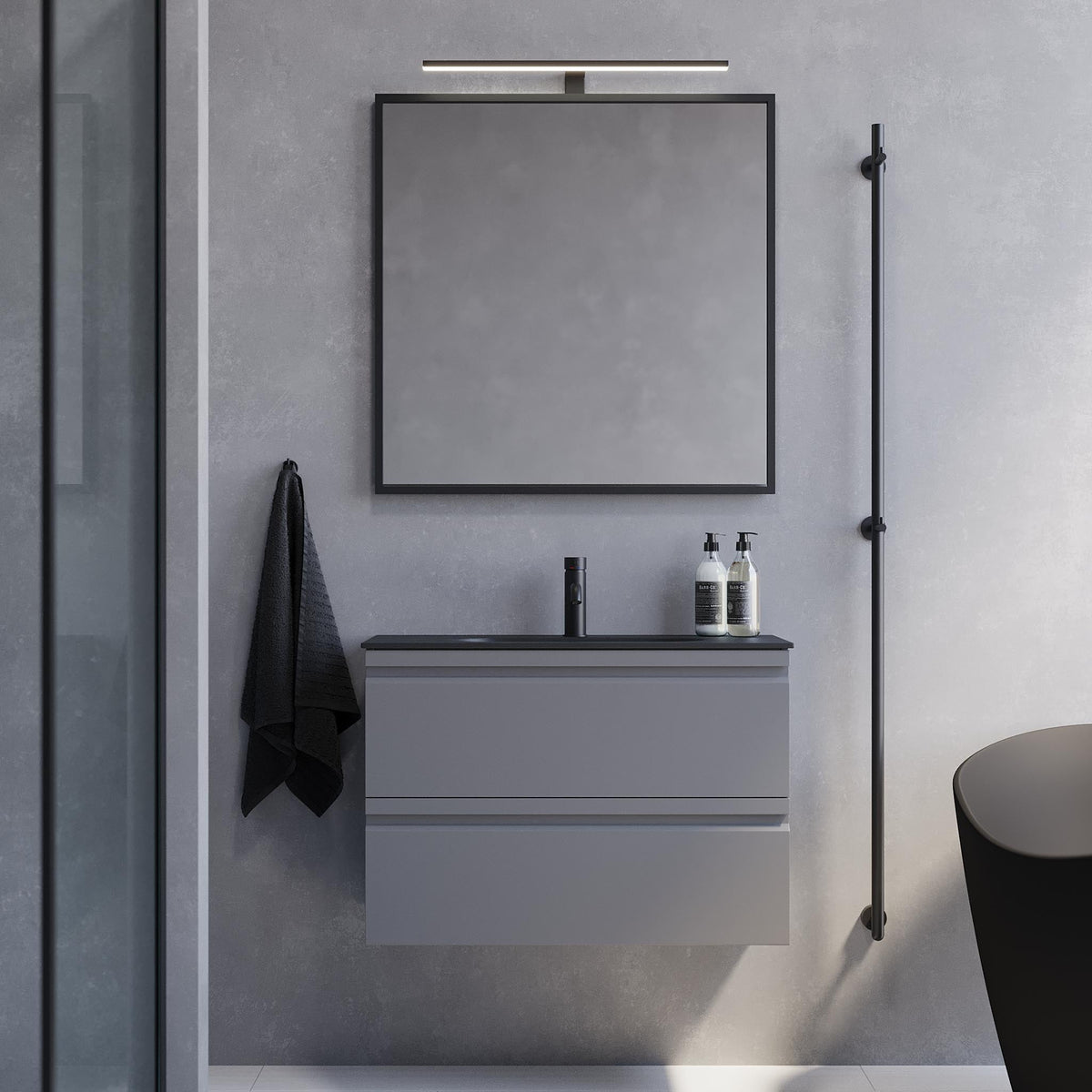 Badrumskommod med modern integrerad front - SLIM - 60x36x57 cm - Matt grå - Svart Solid Surface tvättställ - Kongsvinger - Tvättställsskåp - Bath Deluxe - 74-060-73-03-30 - BATHDELUXE SWEDEN