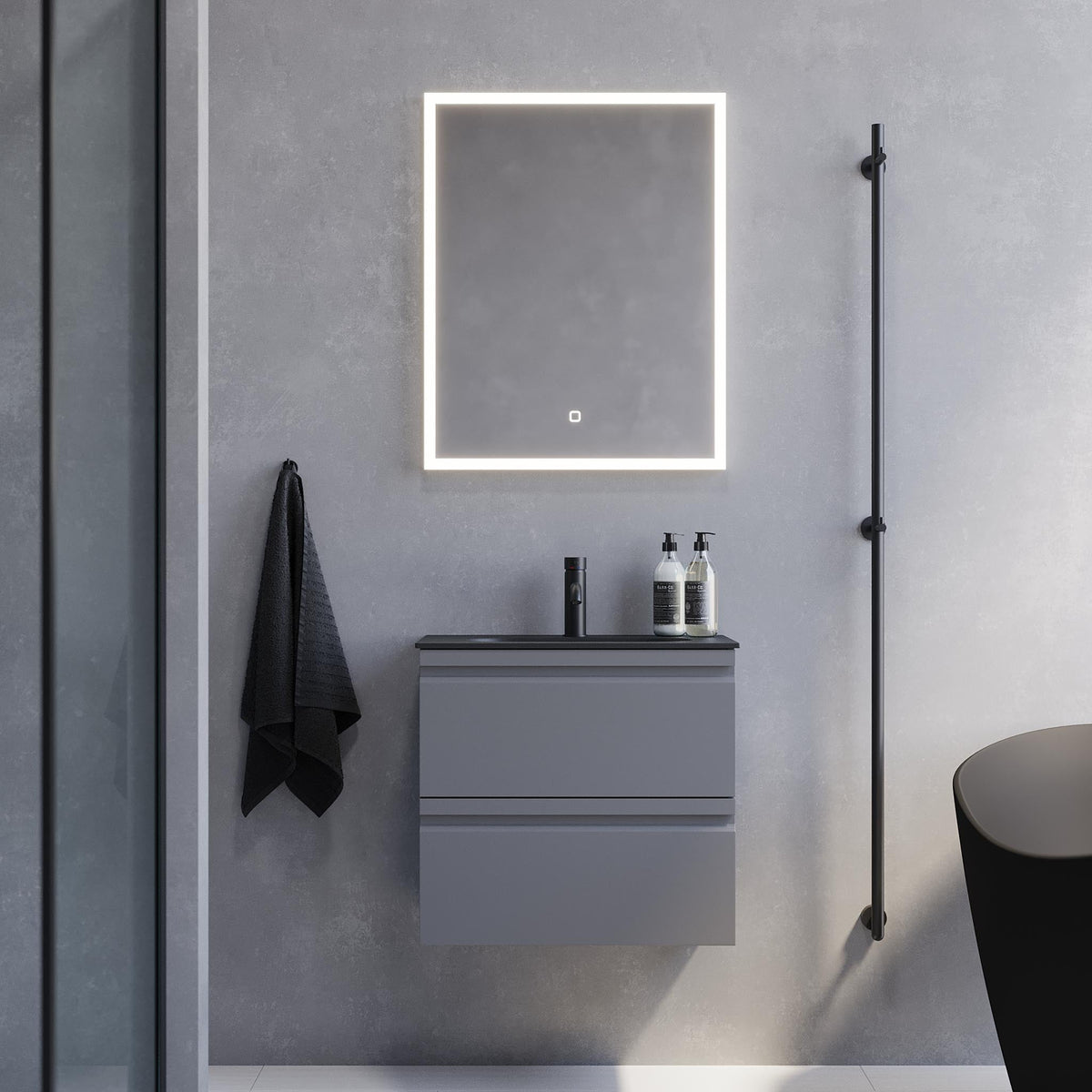 Badrumskommod med modern integrerad front - SLIM - 60x36x57 cm - Matt grå - Svart Solid Surface tvättställ - Kongsvinger - Tvättställsskåp - Bath Deluxe - 74-060-73-03-30 - BATHDELUXE SWEDEN