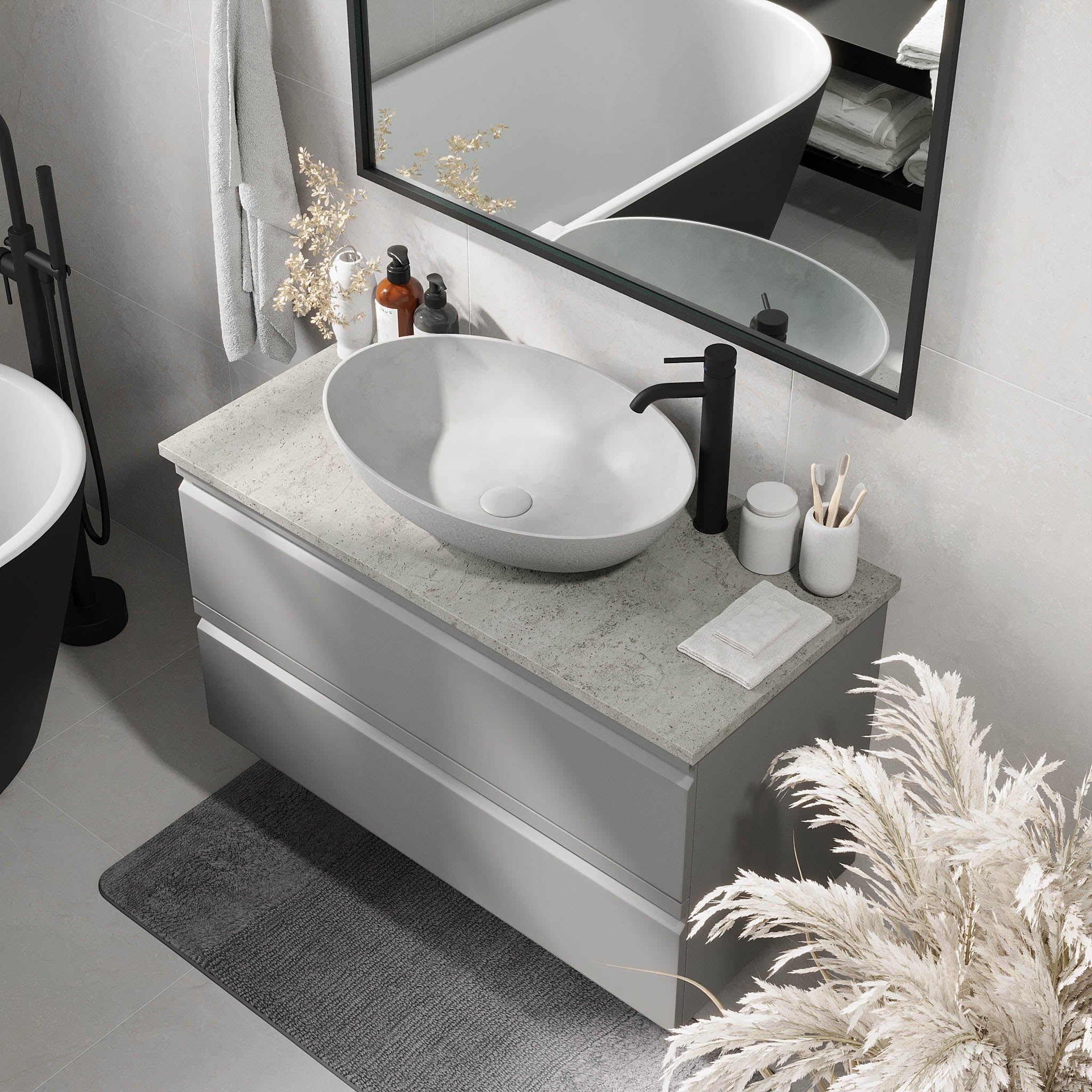 Odda Badrumsmöbel, Grå Matt - Tvättställsskåp - BATH DELUXE - PRESTIGE - 74 - 100 - 16 - 03 - 40 - BATHDELUXE SWEDEN