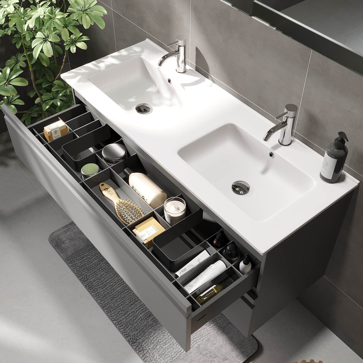 Badrumskommod med modern integrerad front - 120x46x57 cm - Matt grå - Porslin tvättställ - Klokkarvik - Tvättställsskåp - Bath Deluxe - 74-120-01-03-00 - BATHDELUXE SWEDEN