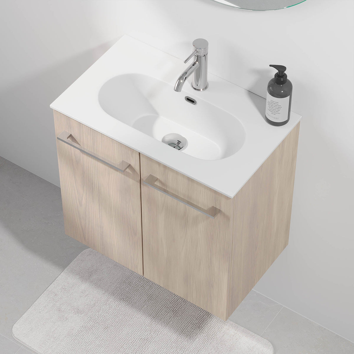 Tvättställsskåp för badrum med 2 Classic Skåpsdörr - SLIM - 60x36x57 cm - Ljust trä - Vitt Solid Surface tvättställ - Harstad - Tvättställsskåp - Bath Deluxe - 75-060-72-33-40 - BATHDELUXE SWEDEN