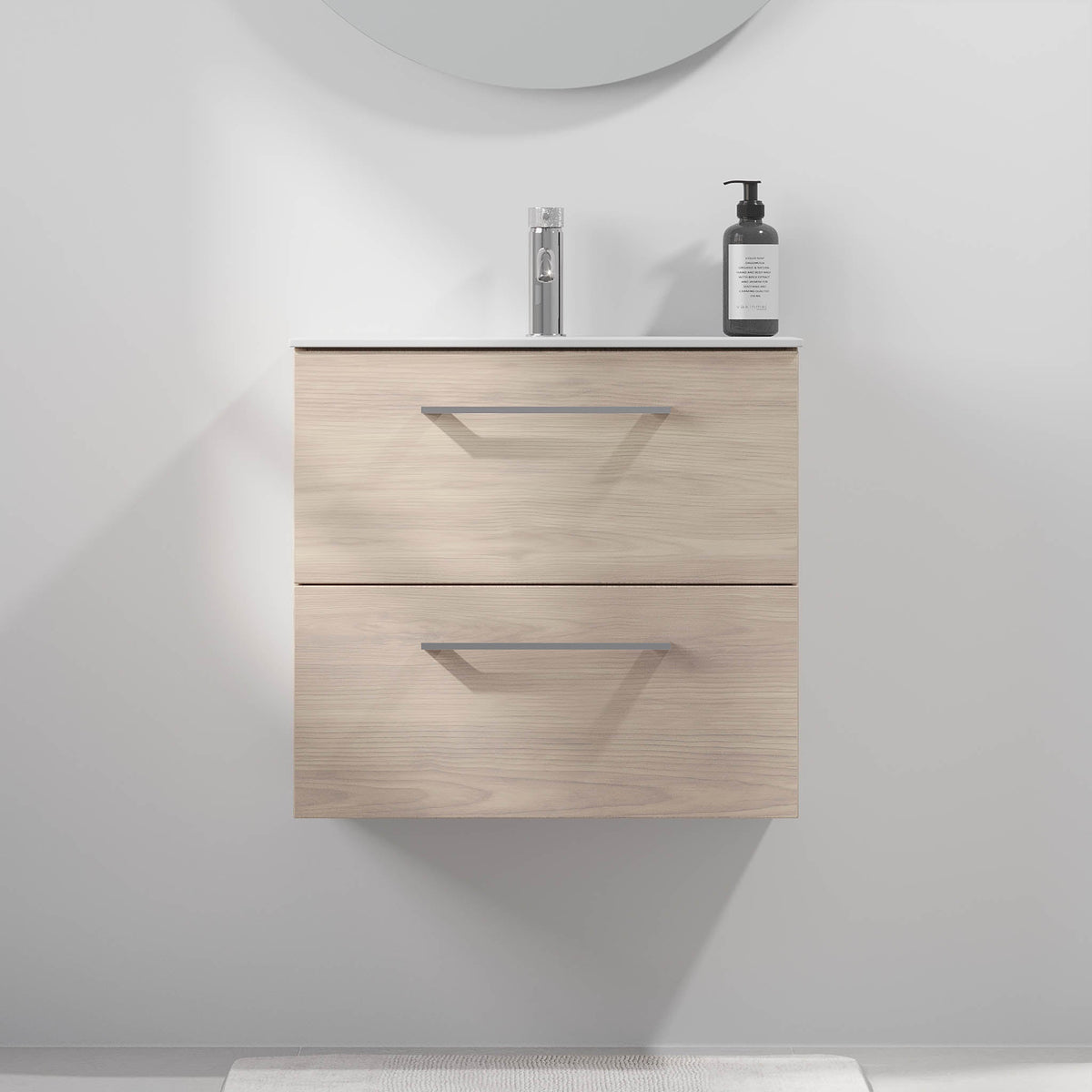 Tvättställsskåp med klassisk Fronter - SLIM - 60x36x57 cm - Ljust trä - Vitt Solid Surface tvättställ - Harstad - Tvättställsskåp - Bath Deluxe - 75-060-72-33-41 - BATHDELUXE SWEDEN