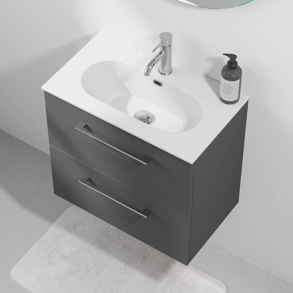 Badrumskommod med klassisk Fronter - SLIM - 60x36x57 cm - Antracitgrå - Vit Solid Surface-tvättställ - Harstad - Tvättställsskåp - Bath Deluxe - 75-060-72-43-41 - BATHDELUXE SWEDEN