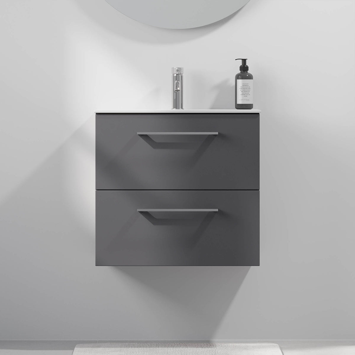 Badrumskommod med klassisk Fronter - SLIM - 60x36x57 cm - Antracitgrå - Vit Solid Surface-tvättställ - Harstad - Tvättställsskåp - Bath Deluxe - 75-060-72-43-41 - BATHDELUXE SWEDEN
