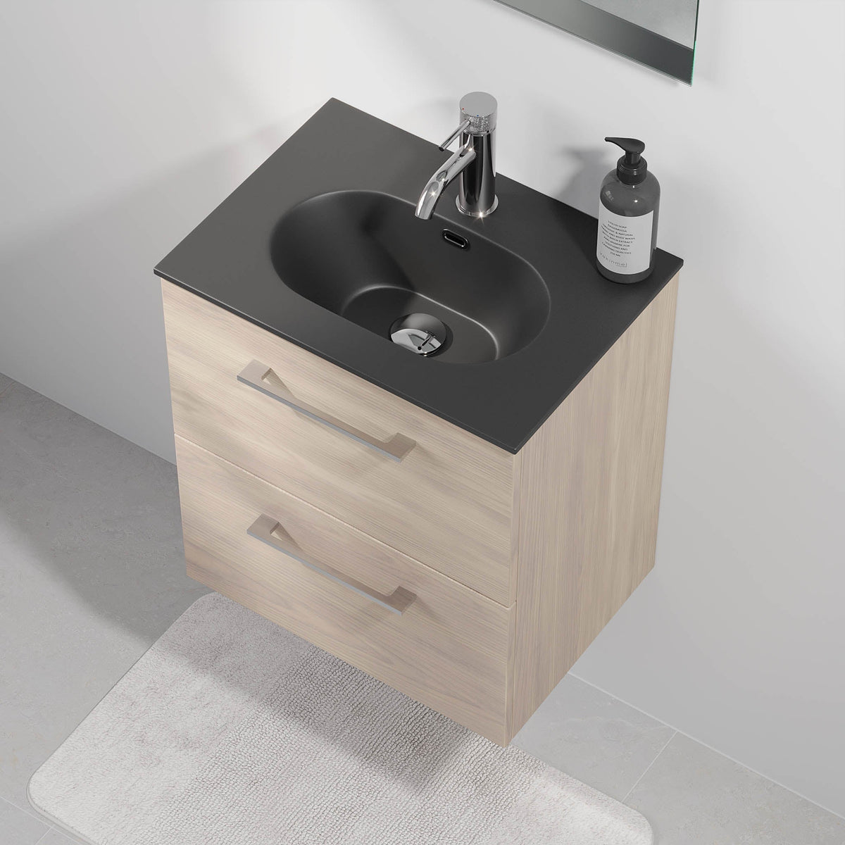 Badrumskommod med Classic Fronter - SLIM - 60x36x57 cm - Ljust trä - Svart Solid Surface tvättställ i kvartskomposit - Horten - Tvättställsskåp - Bath Deluxe - 75-060-73-33-41 - BATHDELUXE SWEDEN