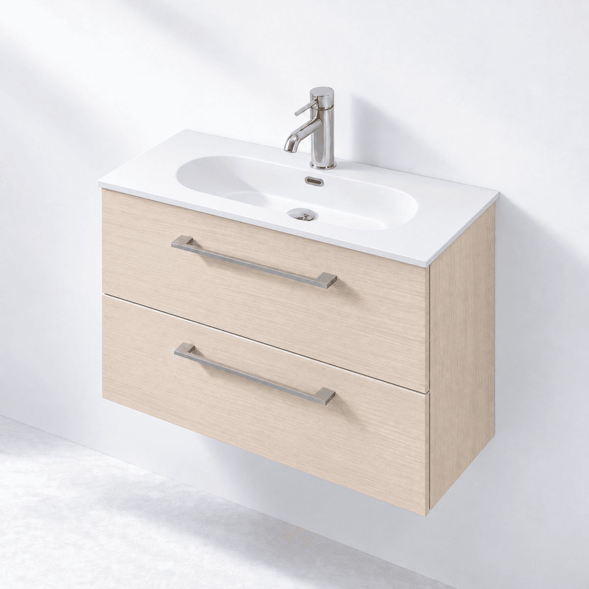 Badrumsmöbel med klassiska Fronter - 80x36x57 cm - SLIM - ljust trä - tvättställ i matt vit solid surface - Harstad - Tvättställsskåp - Bath Deluxe - 75-080-72-33-40 - BATHDELUXE SWEDEN