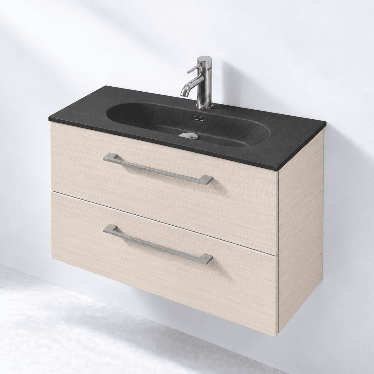 Badrumsmöbel med klassiska Fronter - 80x36x57 cm - SLIM - ljust trä - tvättställ i matt svart solid surface med kvartssten - Horten - Tvättställsskåp - Bath Deluxe - 75-080-73-33-40 - BATHDELUXE SWEDEN
