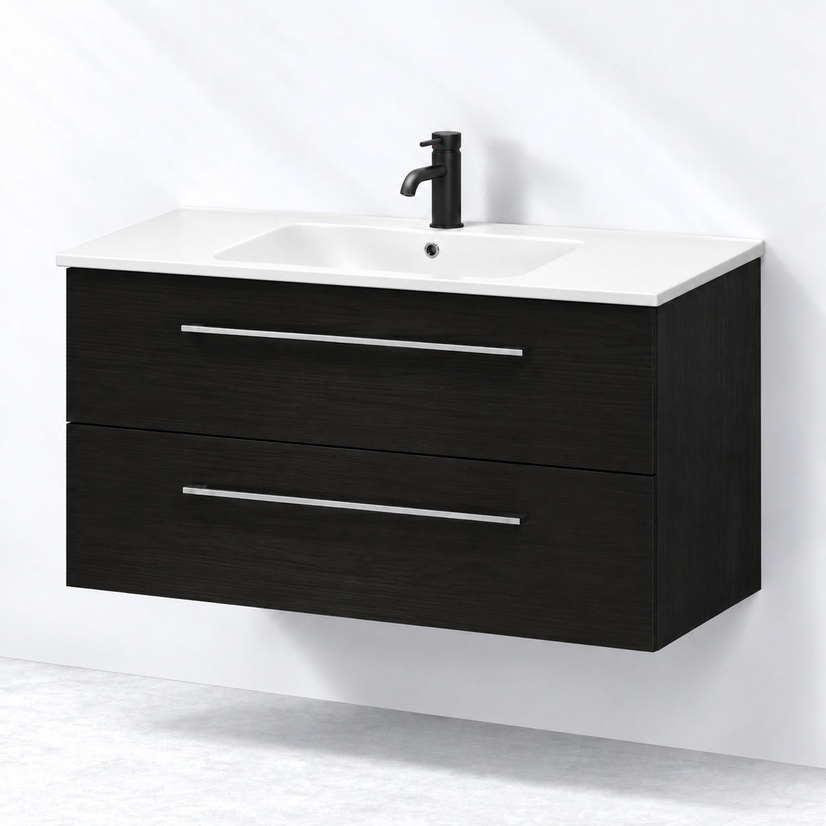 Badrumsmöbel med klassiska Fronter - 90x46x57 cm - svart trälook - vit Porslin tvättställ - Magnor - Tvättställsskåp - Bath Deluxe - 75-090-50-22-40 - BATHDELUXE SWEDEN