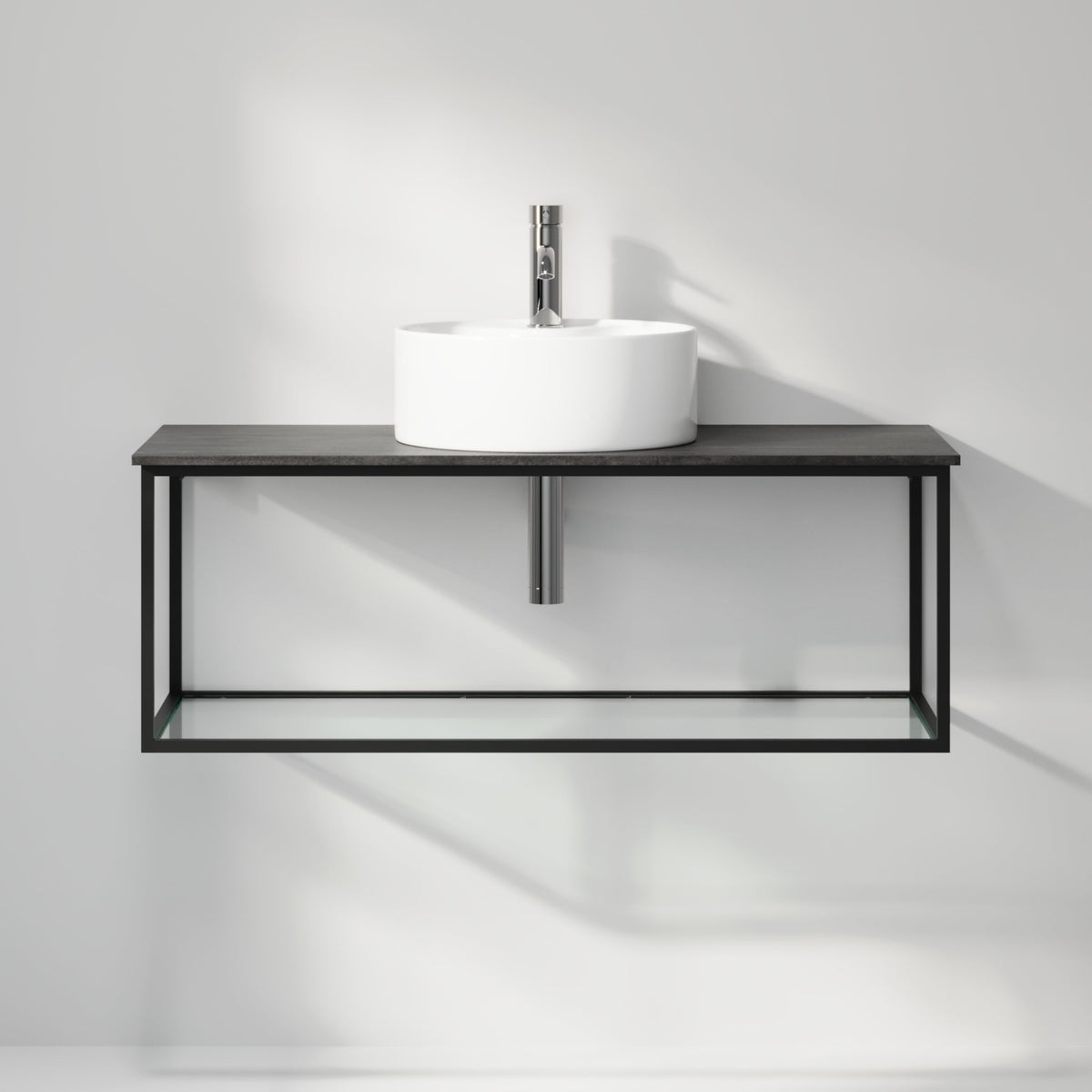 Badrumsmöbel med öppen metallram och botten i härdat glas - 100x46x50 cm - matt svart - vit fristående Porslin tvättställ - Bänkskiva i betonglook - Stenstorp - Tvättställsskåp - Bath Deluxe - 79-100-11-02-40 - BATHDELUXE SWEDEN