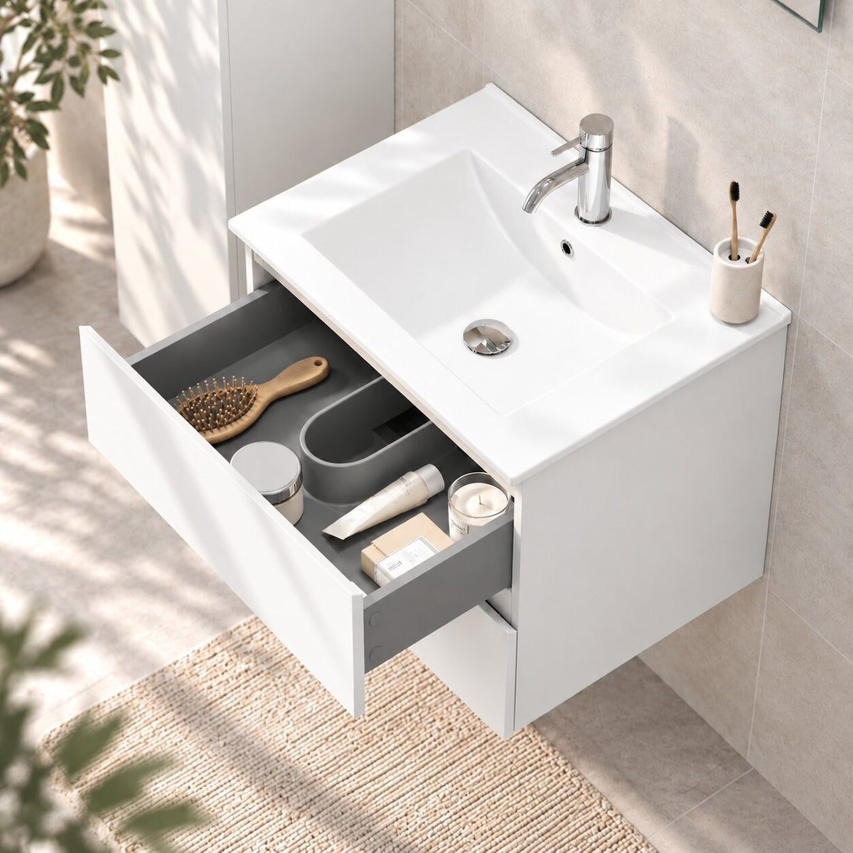 Badrumsmöbel med klassiska integrerade Fronter - 60x46x50 cm - matt vit - Porslin tvättställ - Kenwood - Tvättställsskåp - Bath Deluxe - Kenwood - 80-060-04-01-01 - BATHDELUXE SWEDEN