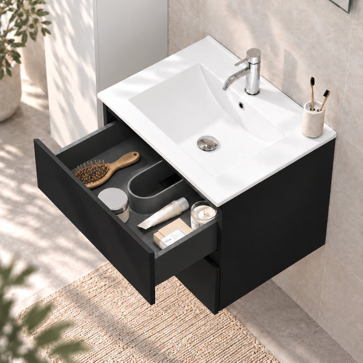 Badrumsmöbel med klassiska integrerade Fronter - 60x46x50 cm - matt svart - Porslin handfat - Kenwood - Tvättställsskåp - Bath Deluxe - Kenwood - 80-060-04-02-01 - BATHDELUXE SWEDEN