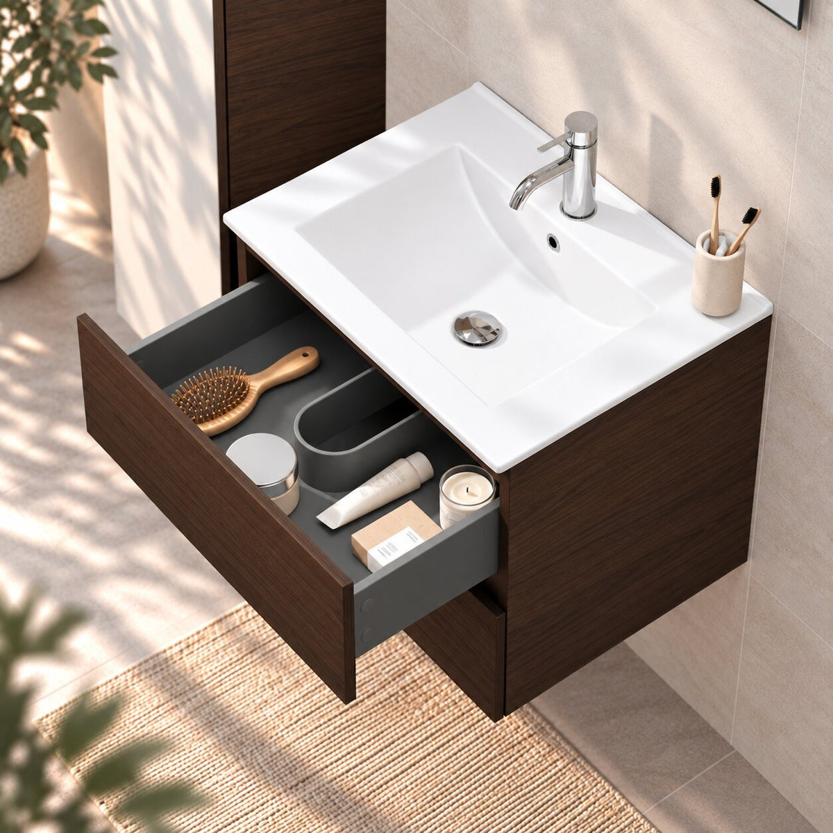 Badrumsmöbler med klassiska integrerade Fronter - 60x46x50 cm - valnöt - Porslin tvättställ - Kenwood - Tvättställsskåp - Bath Deluxe - Kenwood - 80-060-04-84-01 - BATHDELUXE SWEDEN