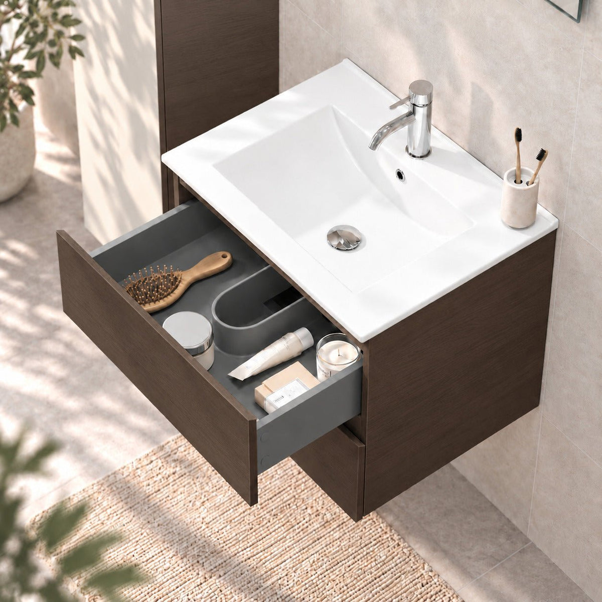 Badrumsmöbler med klassiska integrerade Fronter - 60x46x50 cm - valnöt - Porslin tvättställ - Kenwood - Tvättställsskåp - Bath Deluxe - Kenwood - 80-060-04-84-01 - BATHDELUXE SWEDEN