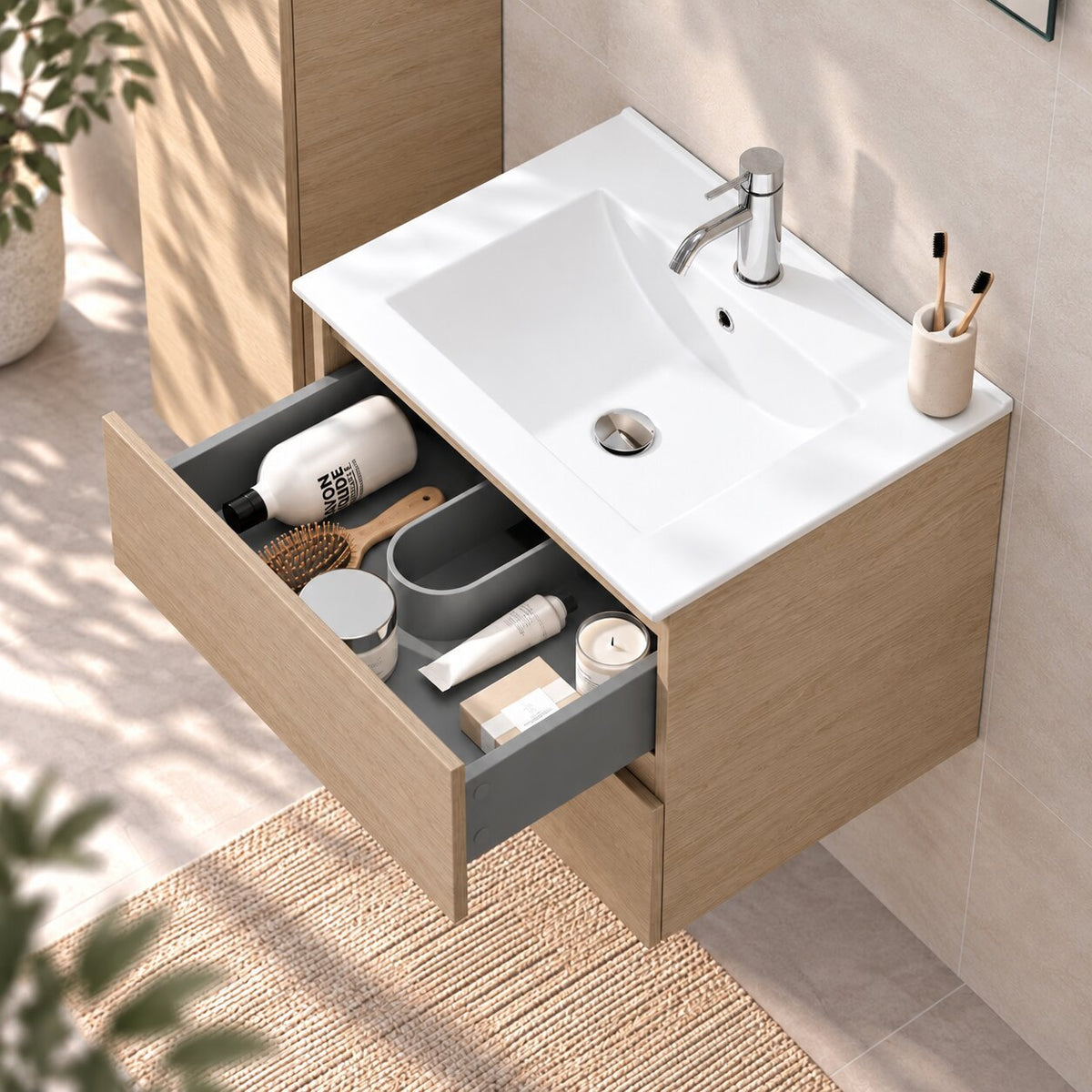 Badrumsmöbel med klassiska integrerade Fronter - 60x46x50 cm - ek - Porslin tvättställ - Kenwood - Tvättställsskåp - Bath Deluxe - Kenwood - 80-060-04-86-01 - BATHDELUXE SWEDEN
